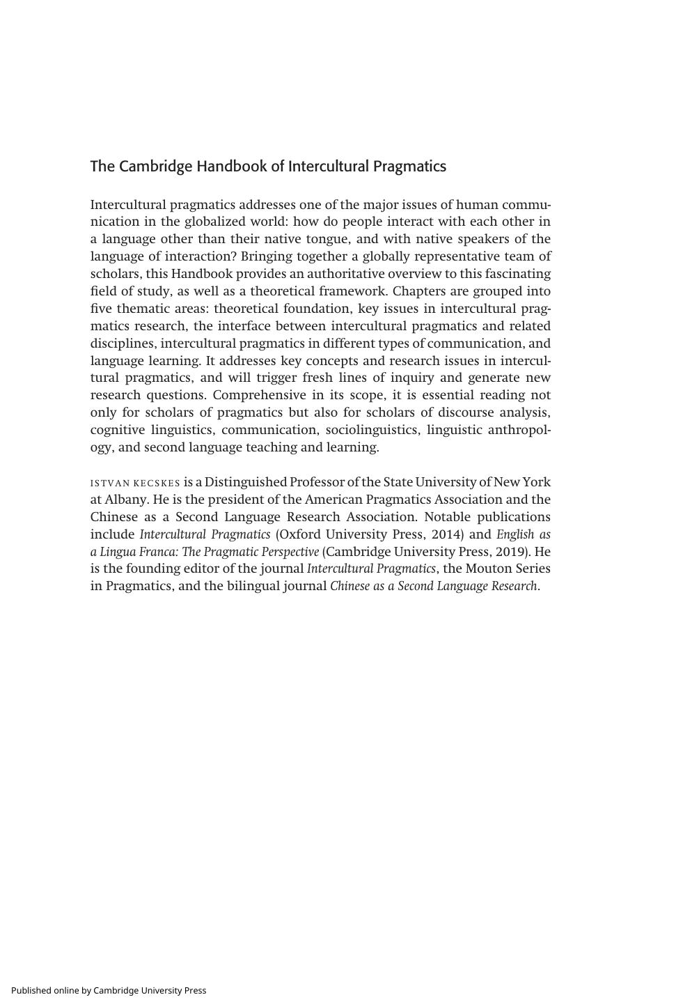 The Cambridge Handbook of Intercultural Pragmatics by Istvan Kecskes