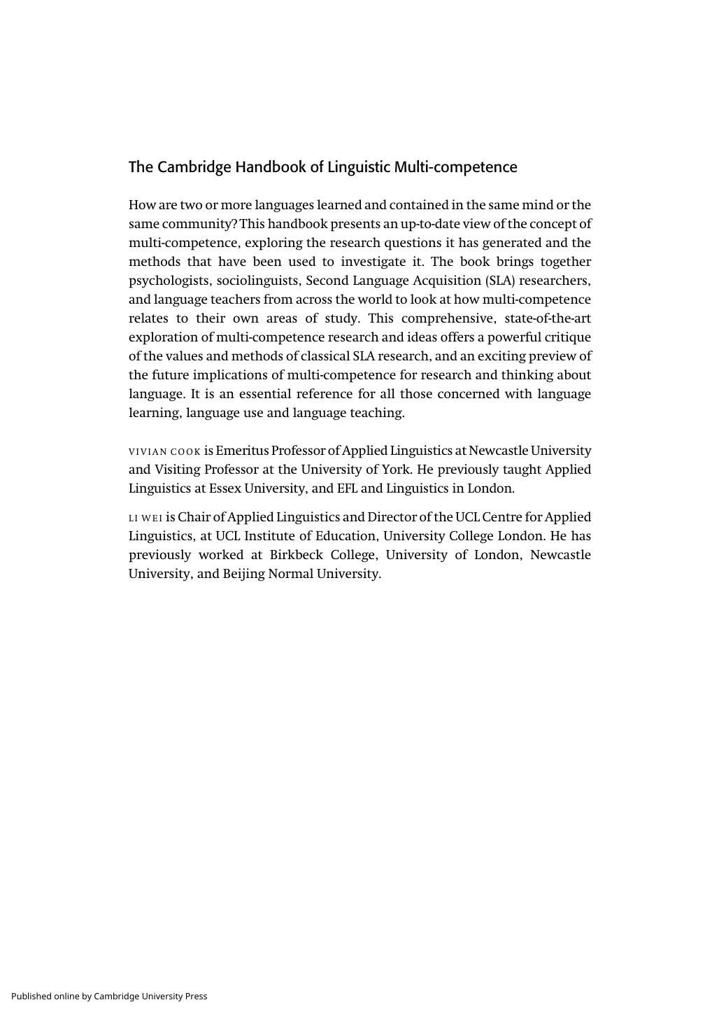 The Cambridge Handbook of Linguistic Multi-Competence by Vivian Cook; Li Wei