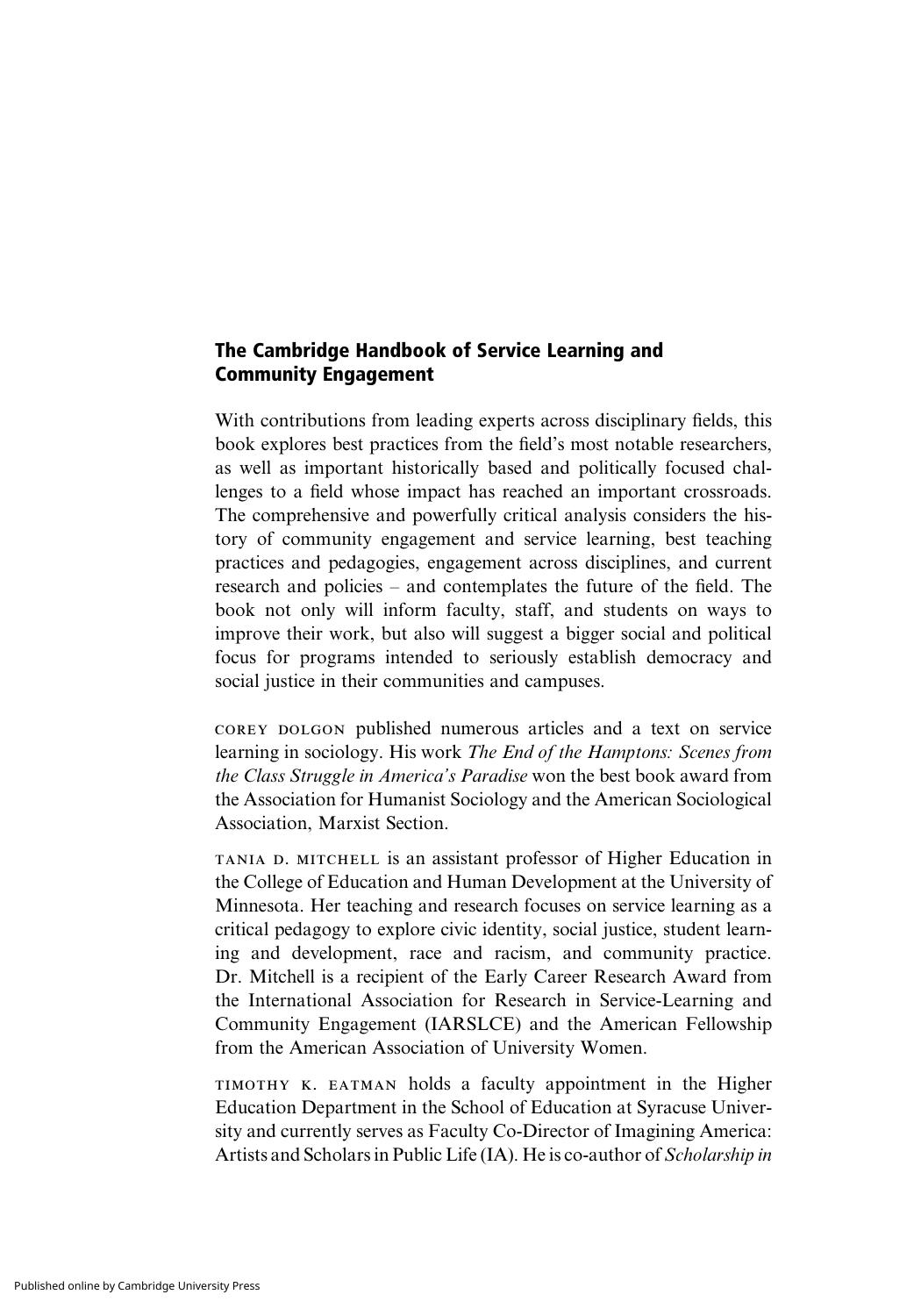 The Cambridge Handbook of Service Learning and Community Engagement by Corey Dolgon Tania D. Mitchell Timothy K. Eatman