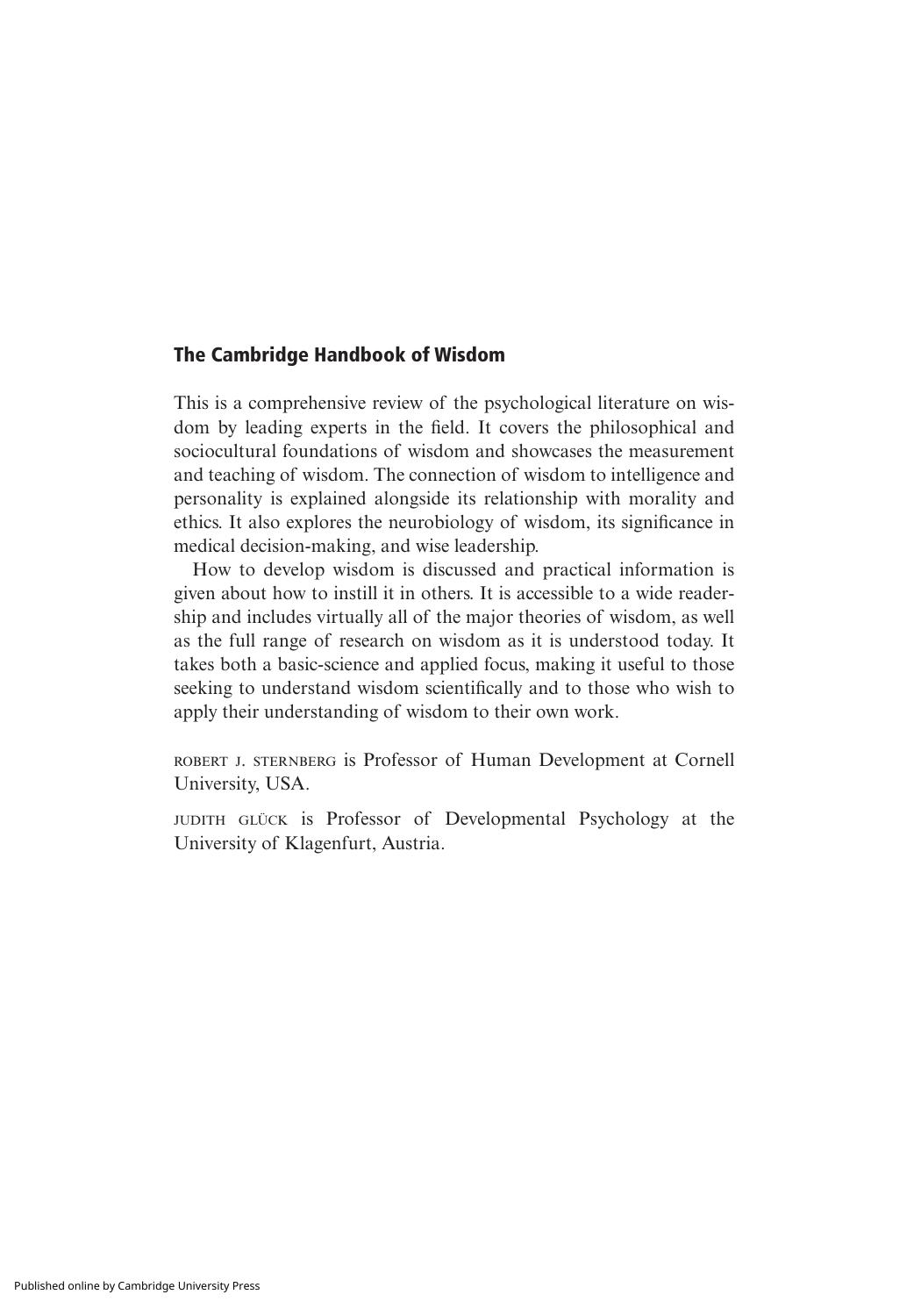 The Cambridge Handbook of Wisdom by Robert J. Sternberg Judith Glück
