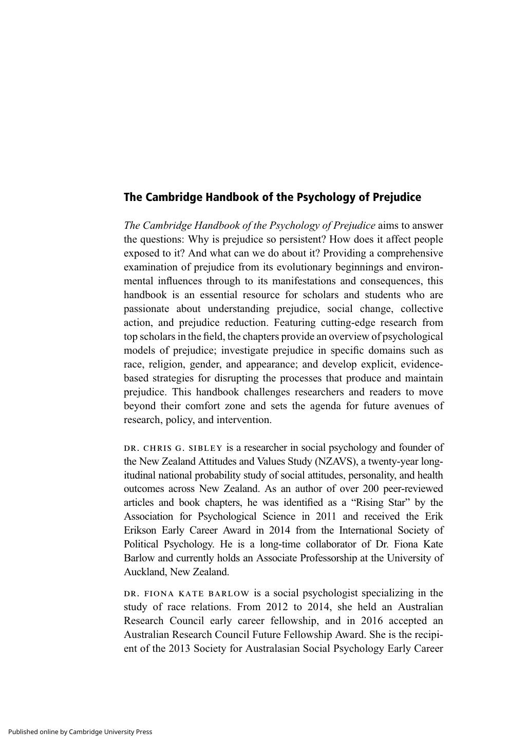 The Cambridge Handbook of the Psychology of Prejudice by Chris G. Sibley Fiona Kate Barlow
