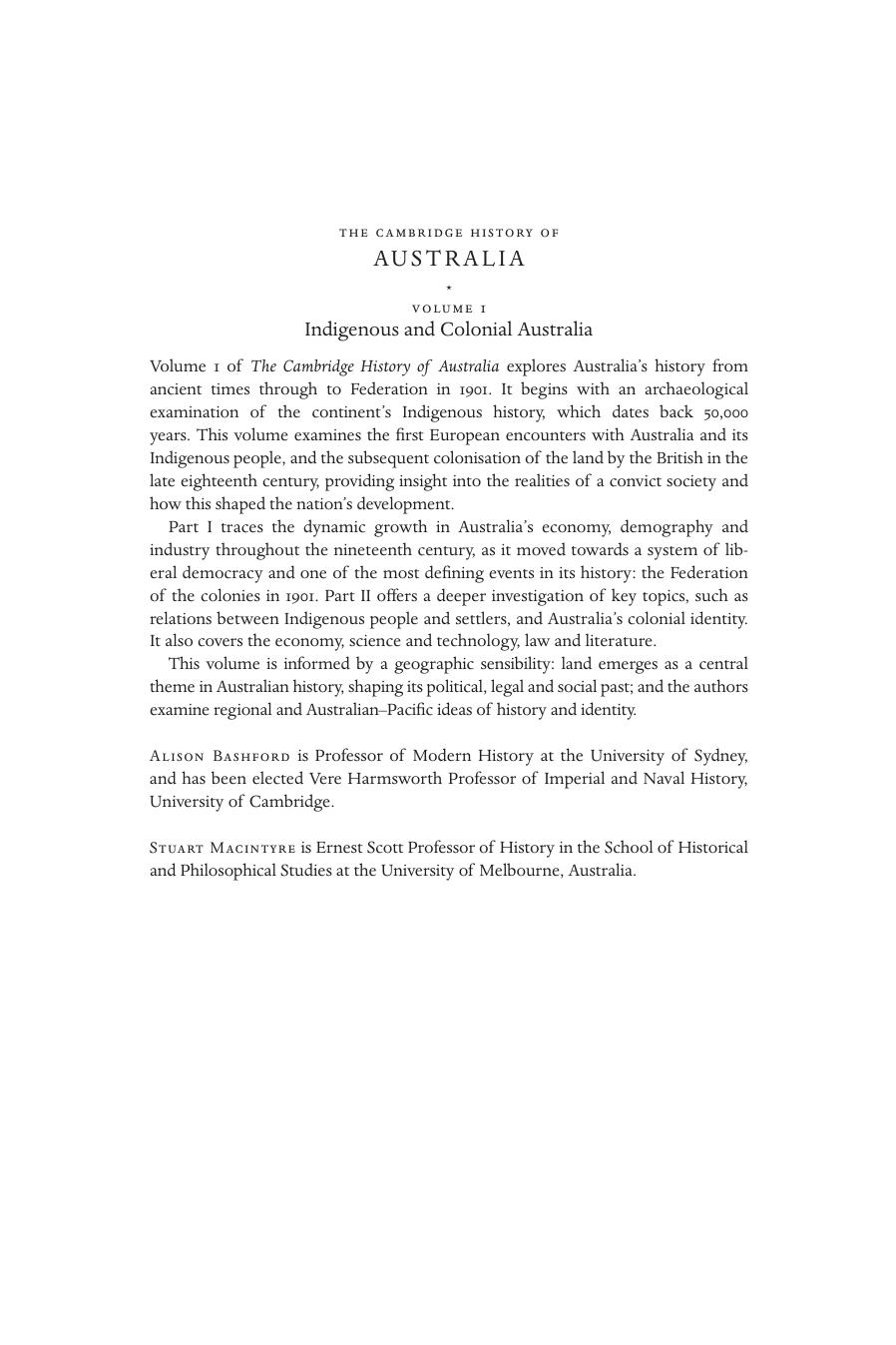 The Cambridge History of Australia, Volume 1: Indigenous and Colonial Australia by Alison Bashford Stuart MacIntyre
