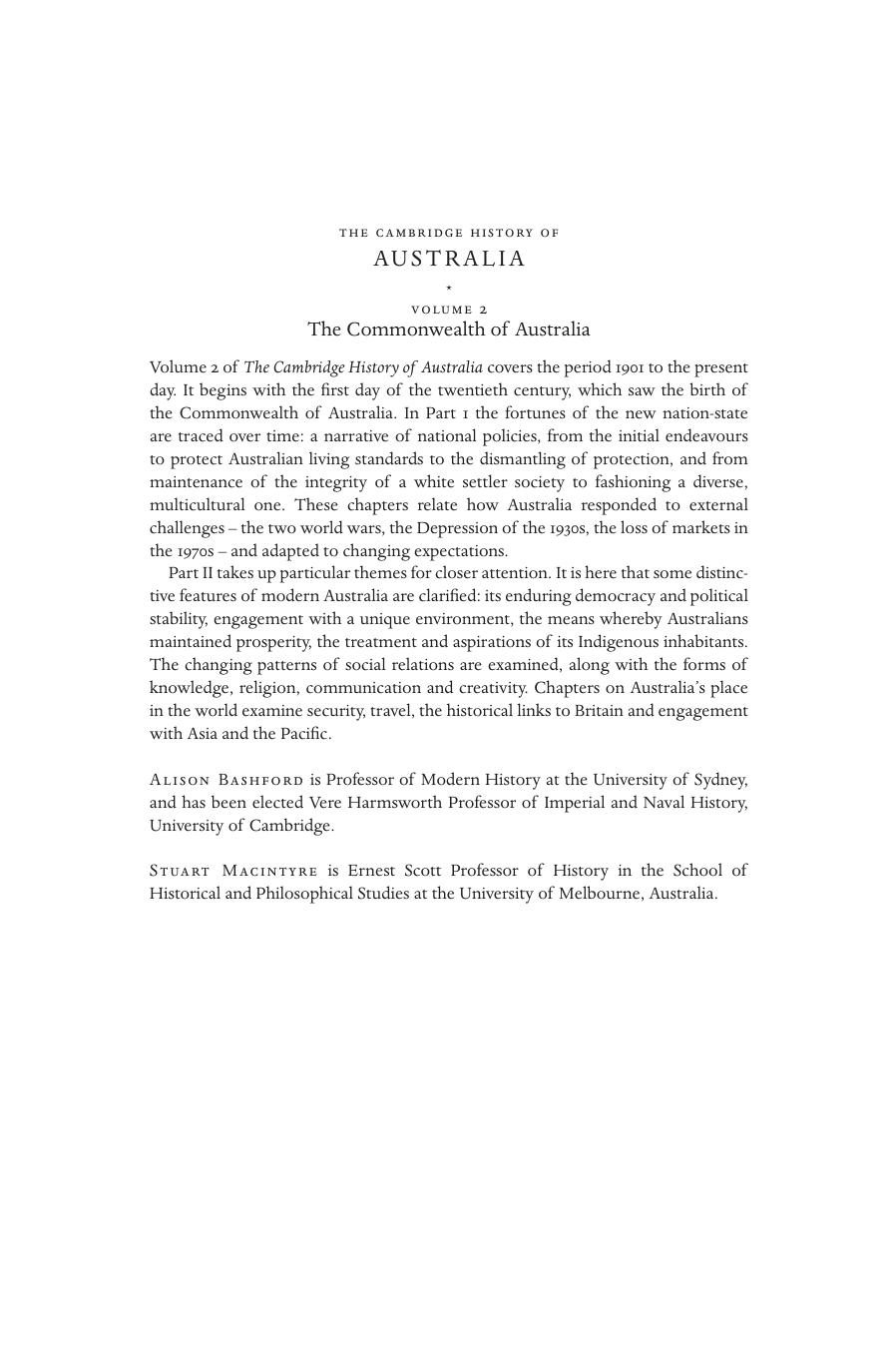 The Cambridge History of Australia, Volume 2: The Commonwealth of Australia by Alison Bashford Stuart MacIntyre