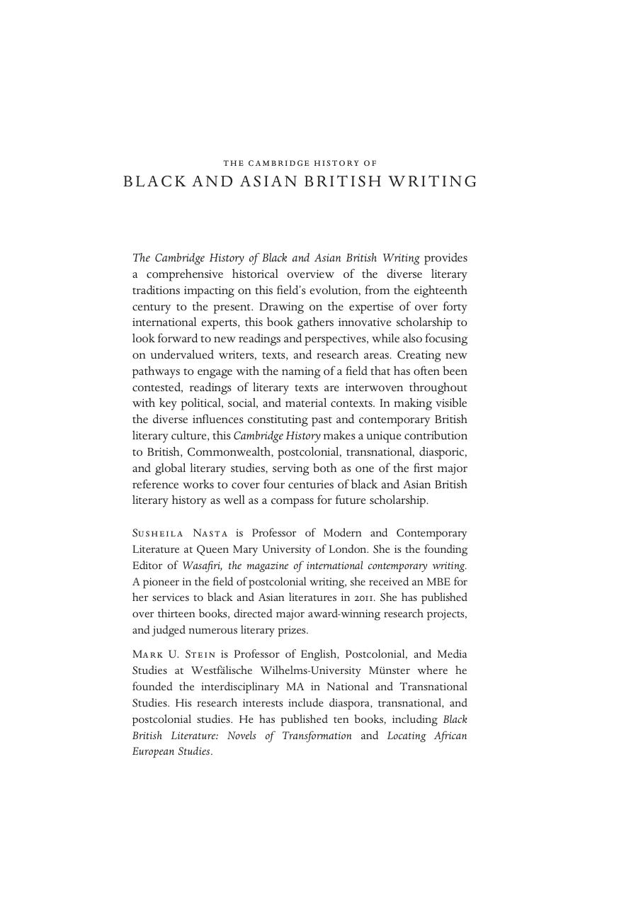 The Cambridge History of Black and Asian British Writing by Susheila Nasta Mark Stein