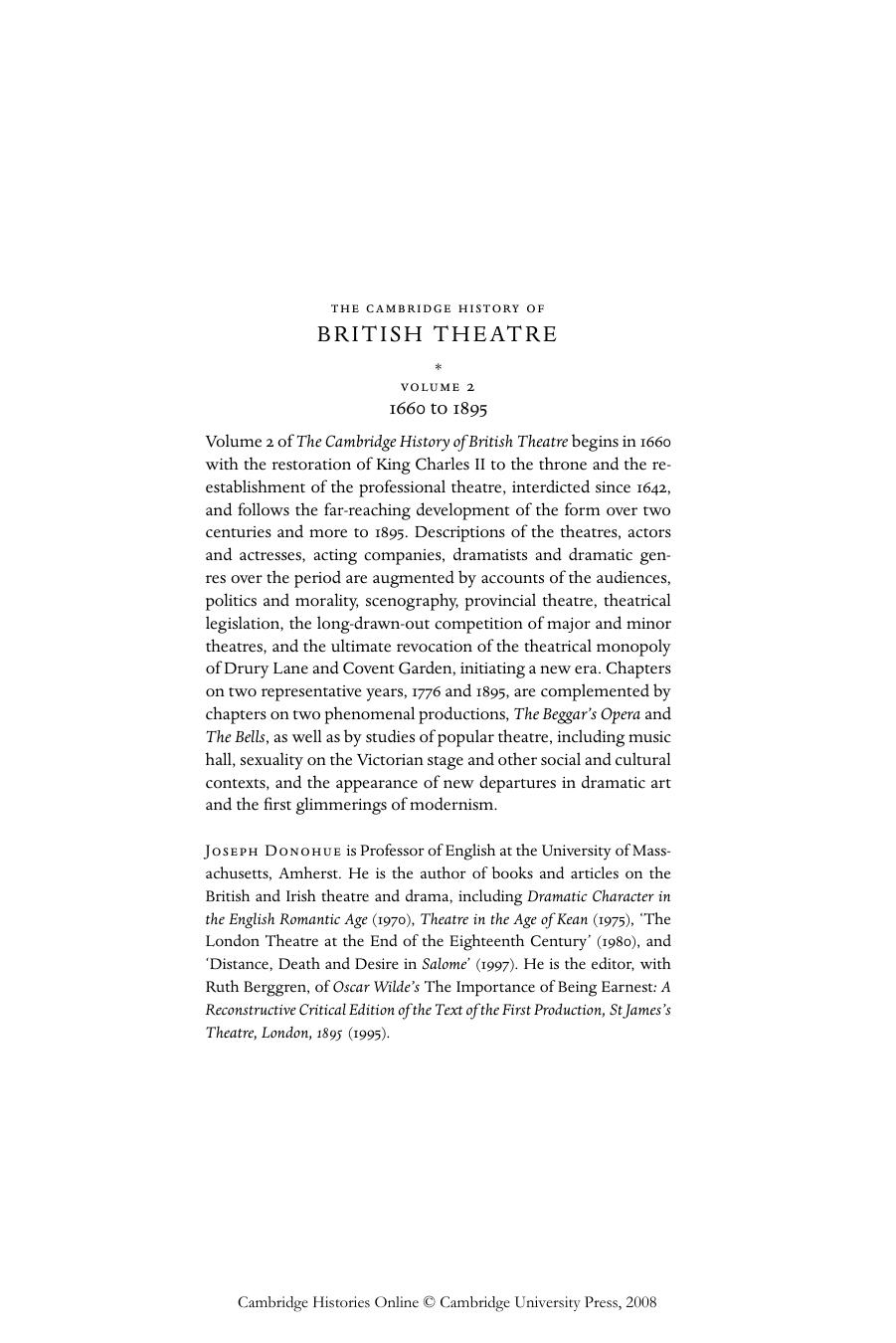 The Cambridge History of British Theatre (Volume 2) by Joseph Donohue