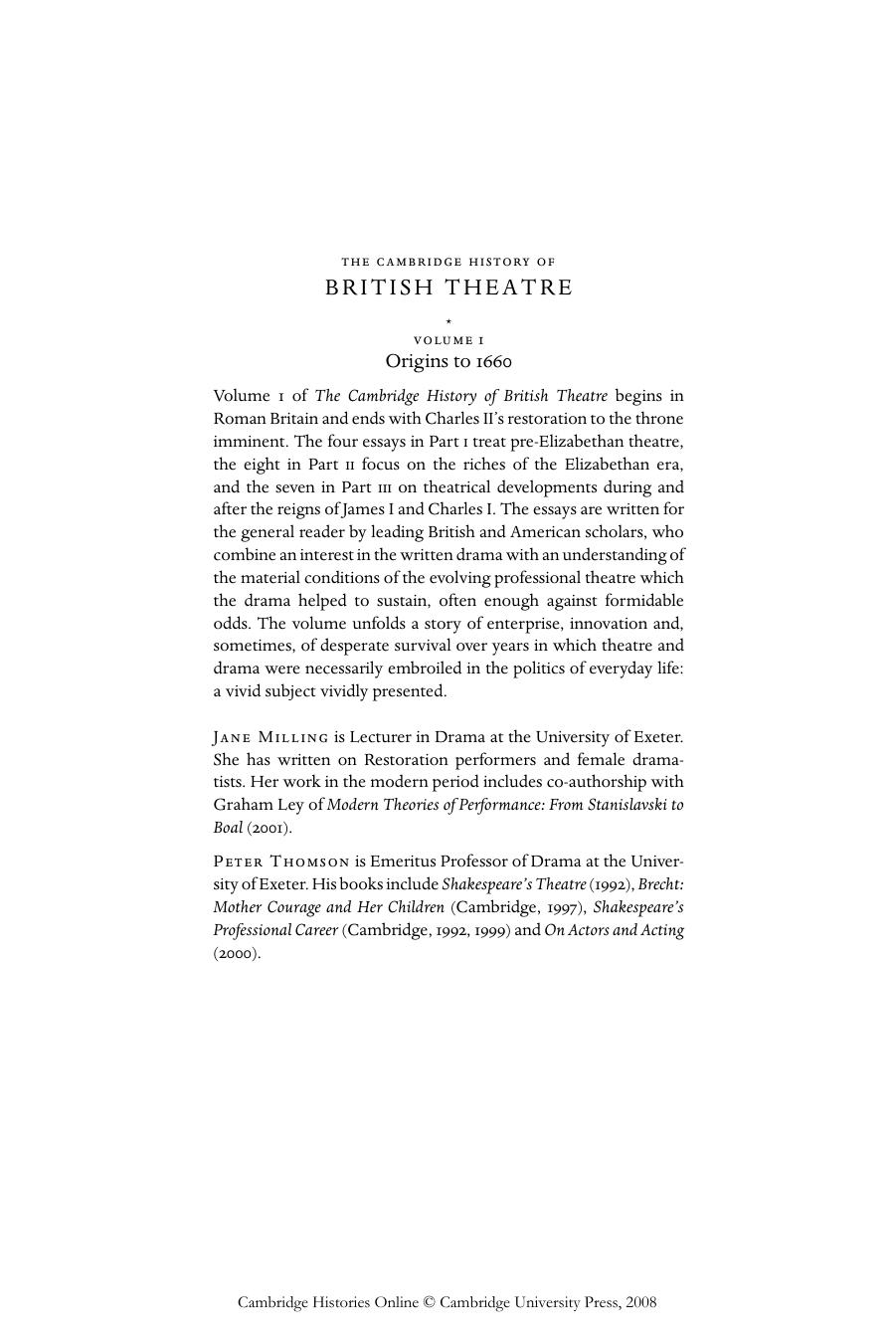 The Cambridge History of British Theatre by Jane Milling Peter Thomson