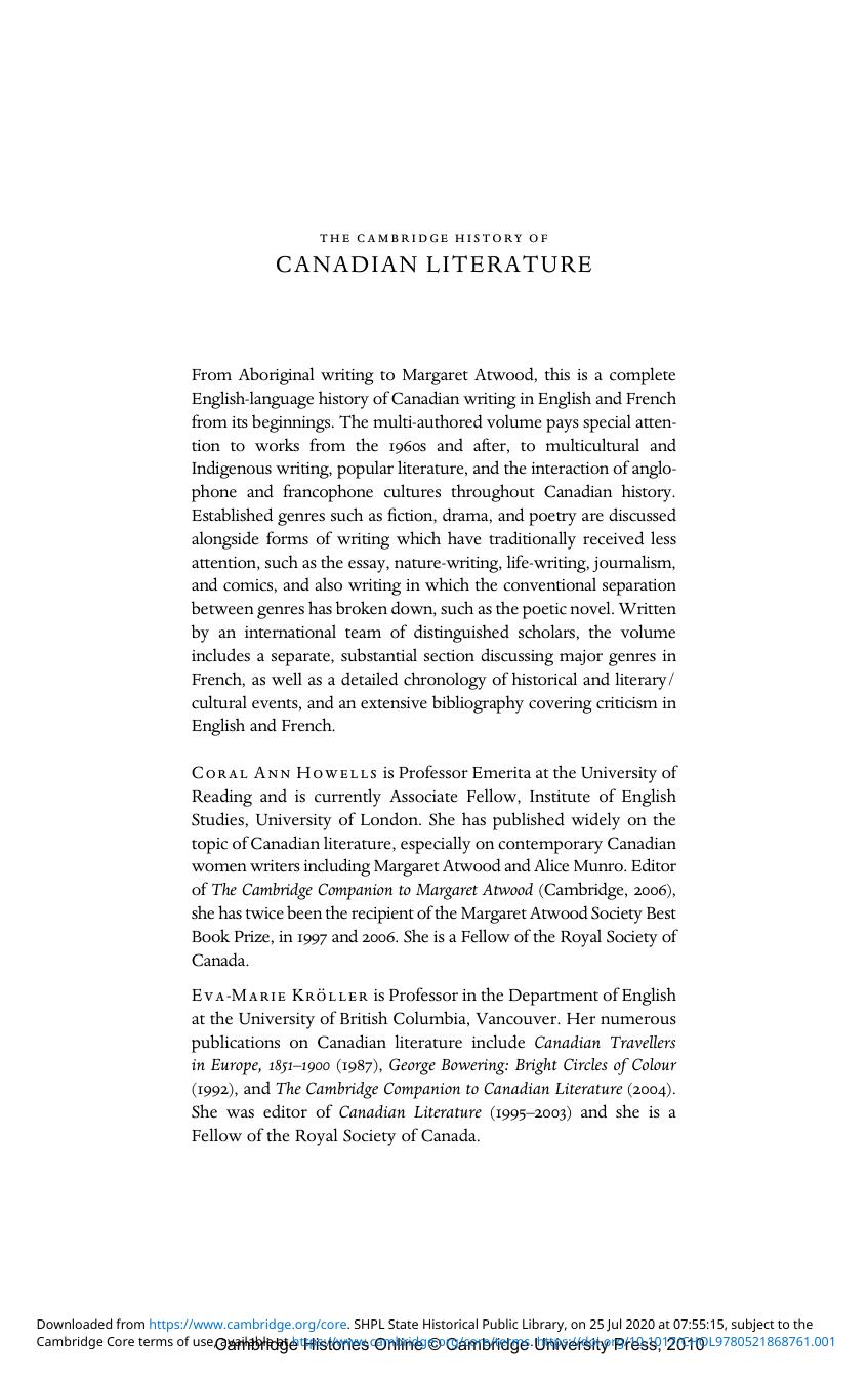 The Cambridge History of Canadian Literature by Unknown