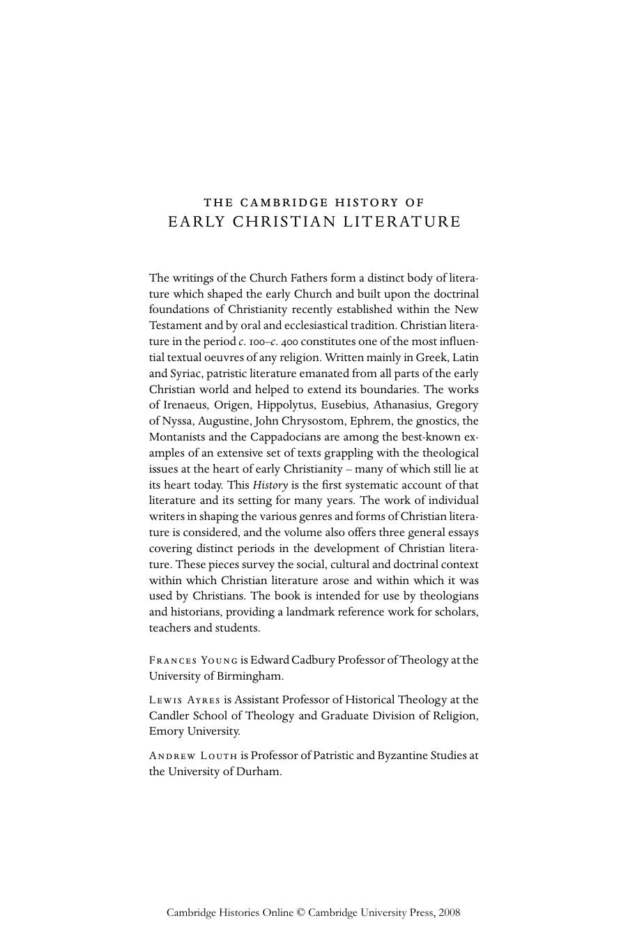 The Cambridge History of Early Christian Literature by Frances Young Lewis Ayres Andrew Louth