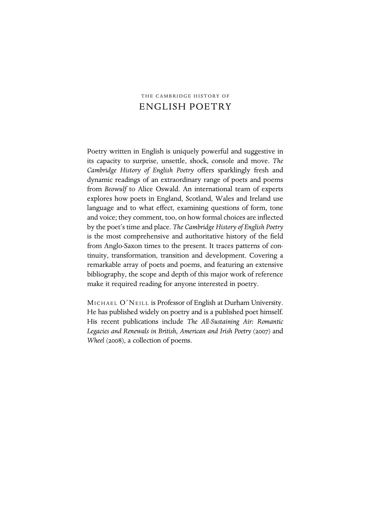 The Cambridge History of English Poetry by Michael O'Neill