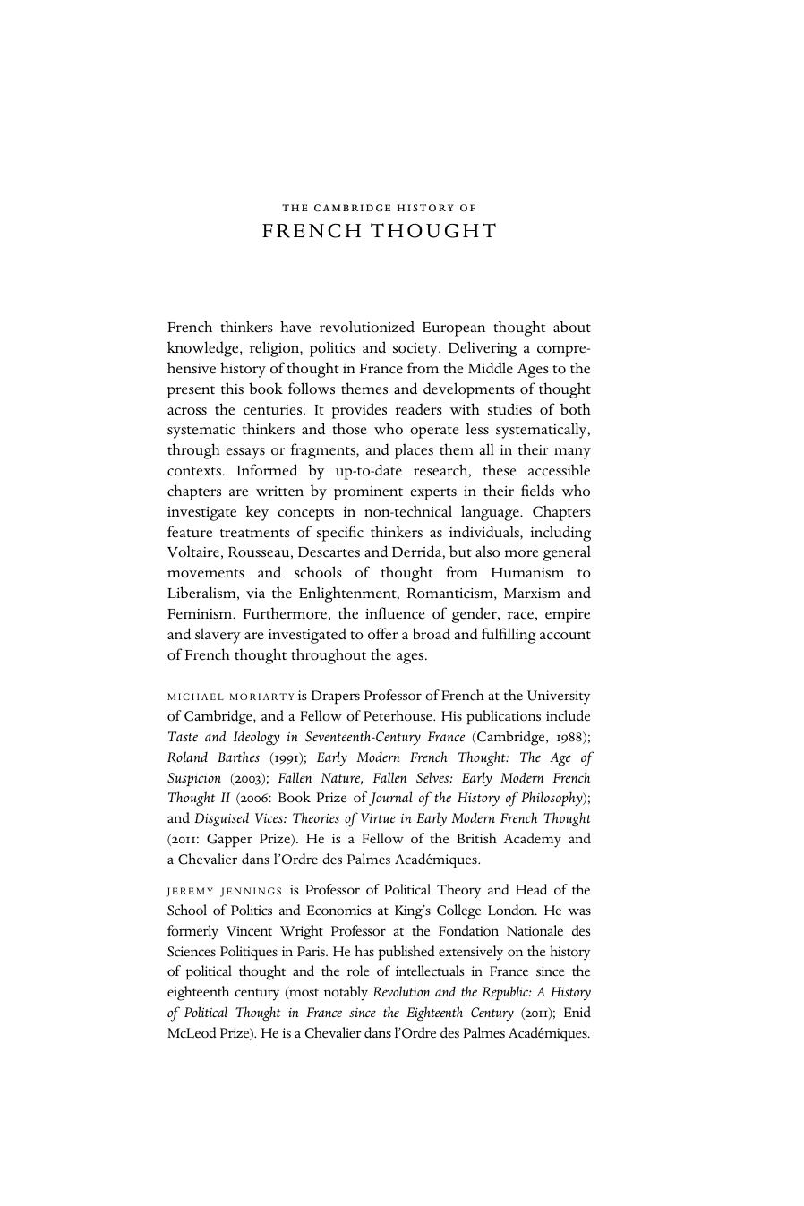 The Cambridge History of French Thought by Michael Moriarty Jeremy Jennings