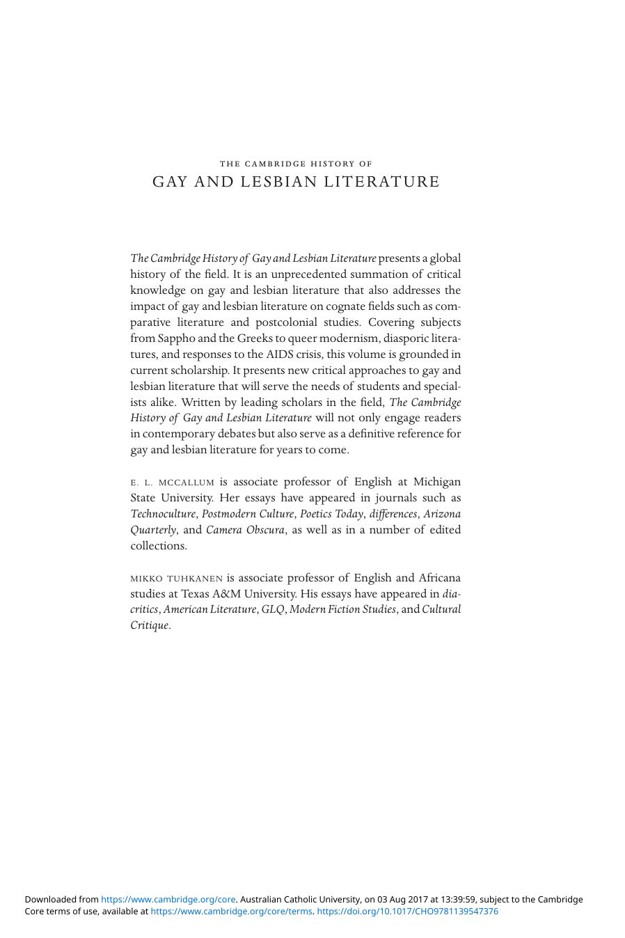 The Cambridge History of Gay and Lesbian Literature By E. L. McCallum by Unknown