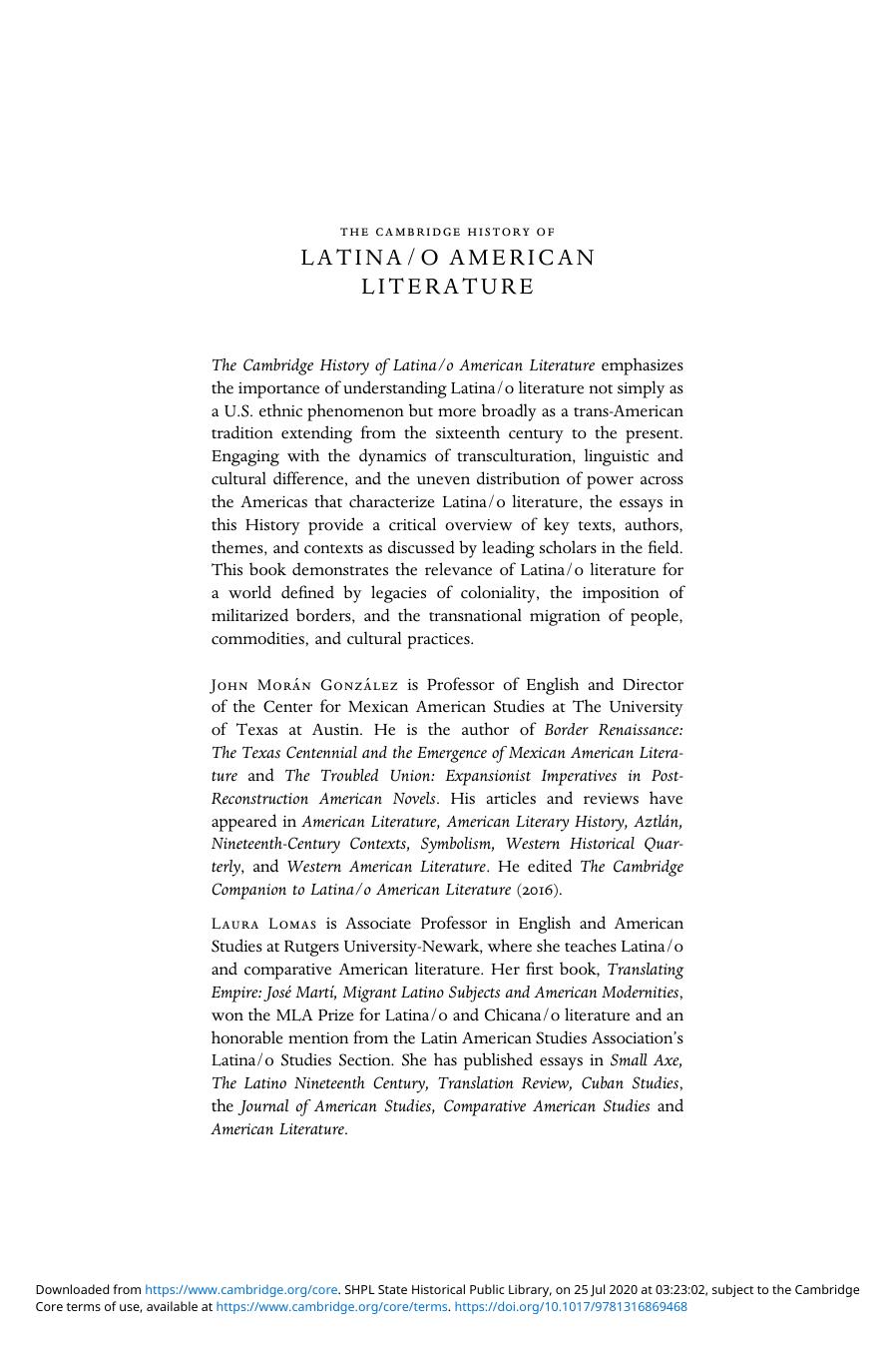 The Cambridge History of Latina o American Literature by Unknown