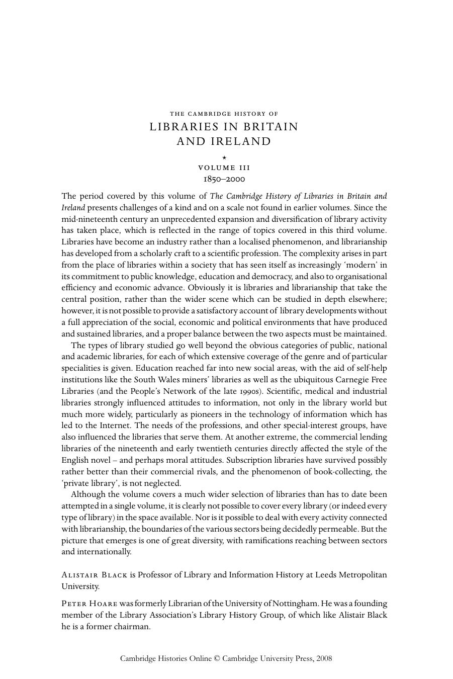 The Cambridge History of Libraries in Britain and Ireland. Vol. 3: 1850 to Today by Alistair Black Peter Hoare Peter Hoare