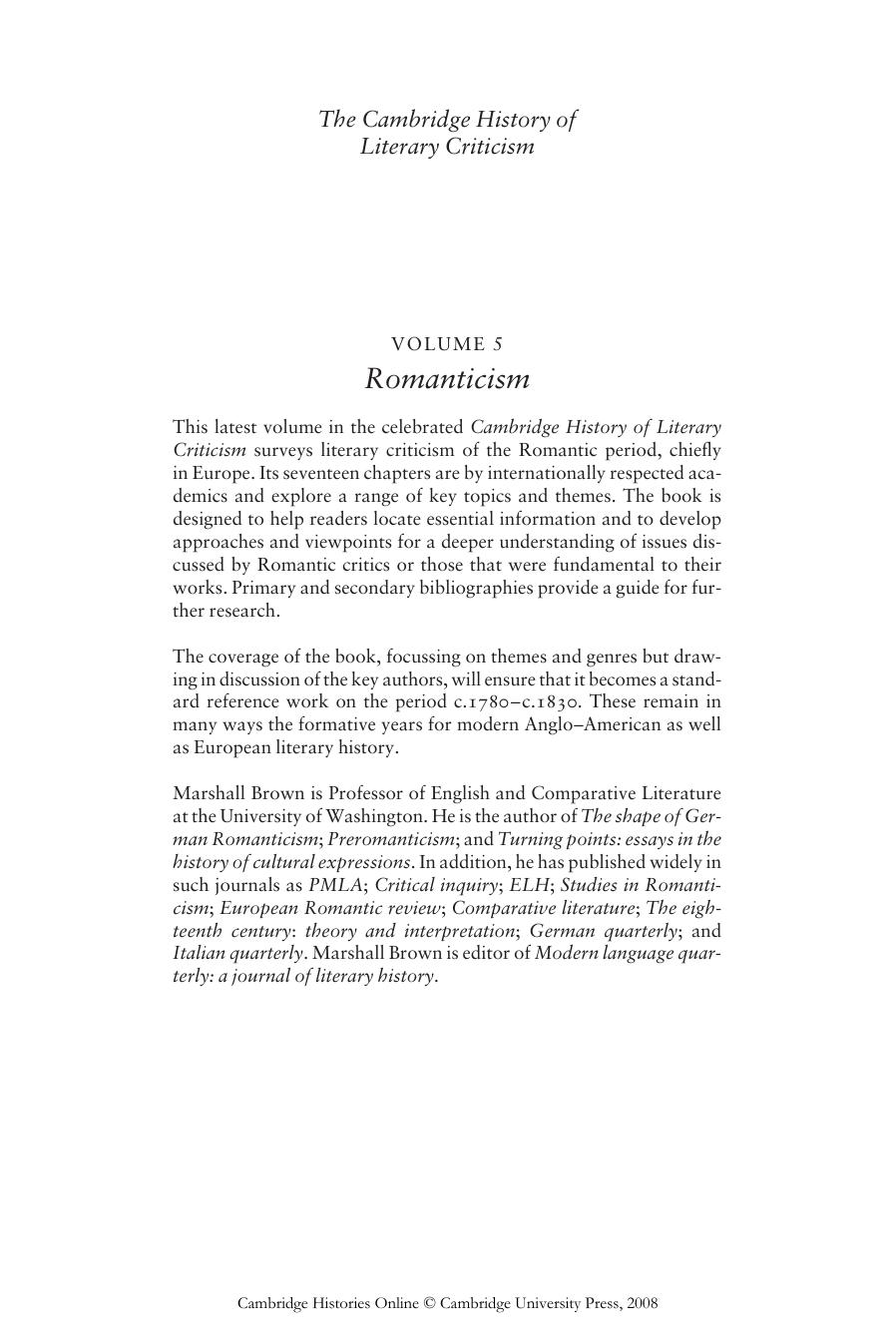 The Cambridge History of Literary Criticism, Vol. 5: Romanticism (v. 5) by Marshall Brown