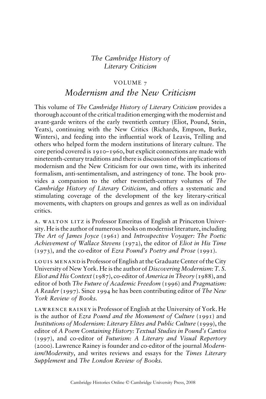 The Cambridge History of Literary Criticism, Vol. 7: Modernism and the New Criticism by A. Walton Litz Louis Menand Lawrence Rainey