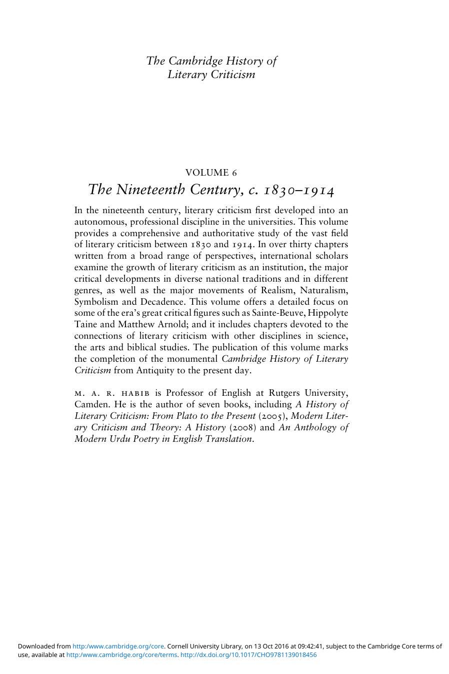 The Cambridge History of Literary Criticism. Vol. 6 The Nineteenth Century, c. 1830â1914 by M. A. R. Habib