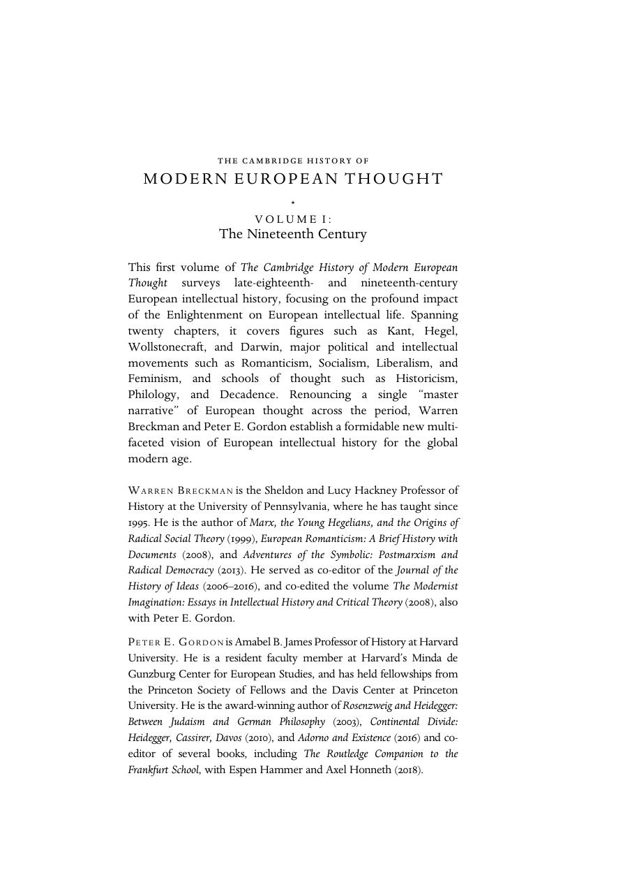 The Cambridge History of Modern European Thought, Volume 1: The Nineteenth Century by Warren Breckman (editor) Peter E. Gordon (editor)