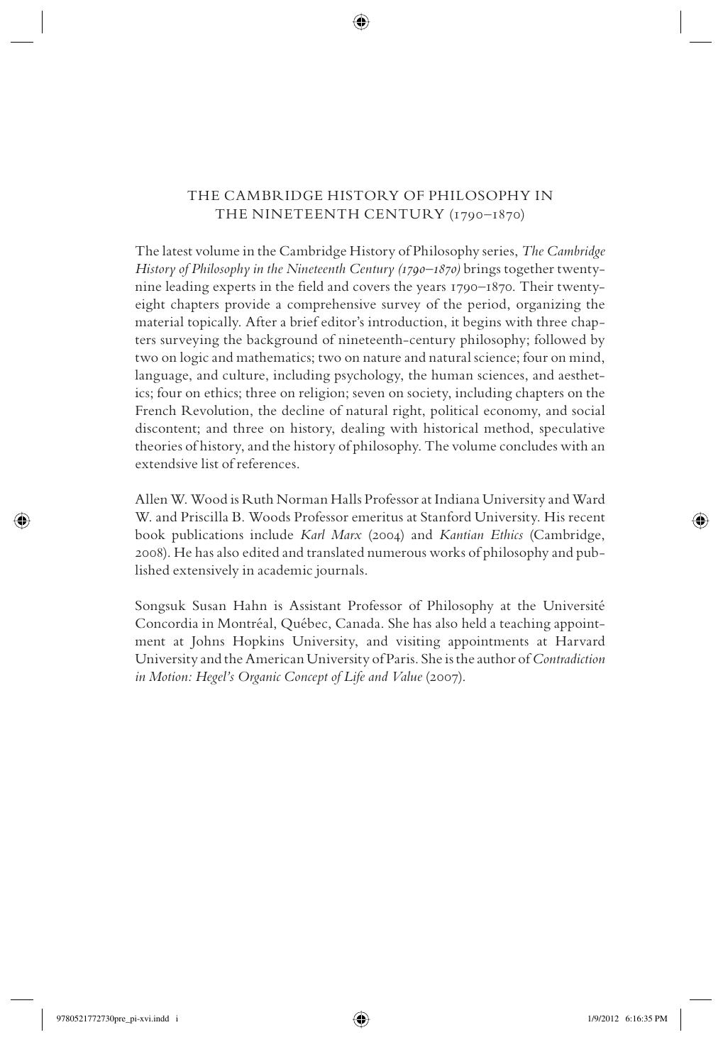 The Cambridge History of Philosophy in the Nineteenth Century (1790â1870) by Allen W. Wood Songsuk Susan Hahn (editors)