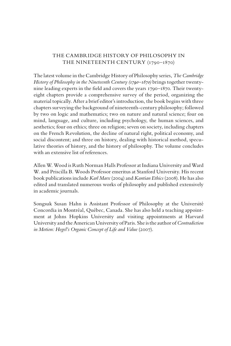The Cambridge History of Philosophy in the Nineteenth Century (1790â1870) by Allen W. Wood Songsuk Susan Hahn (eds.)