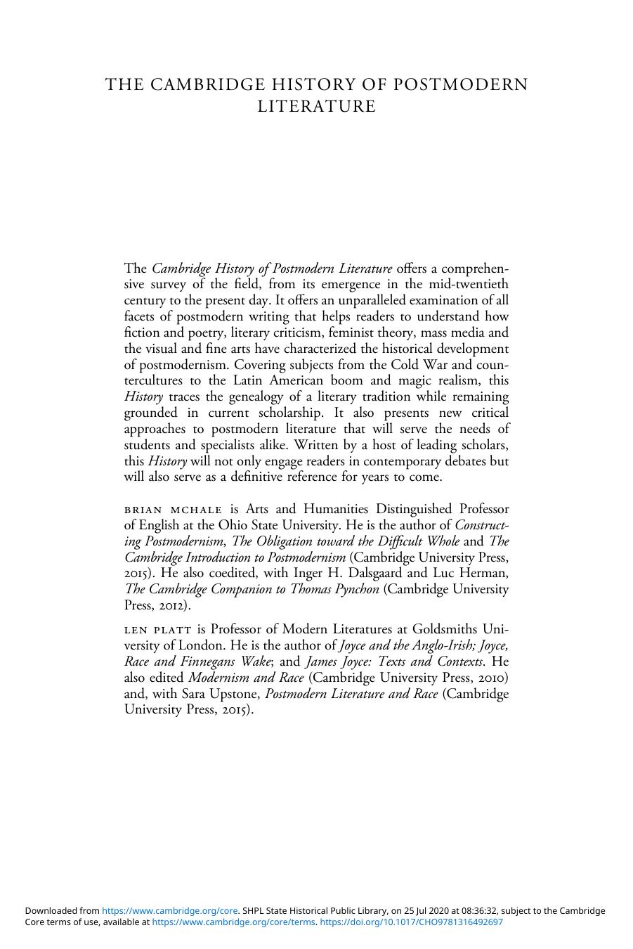 The Cambridge History of Postmodern Literature by Brian McHale (editor) Len Platt (editor)