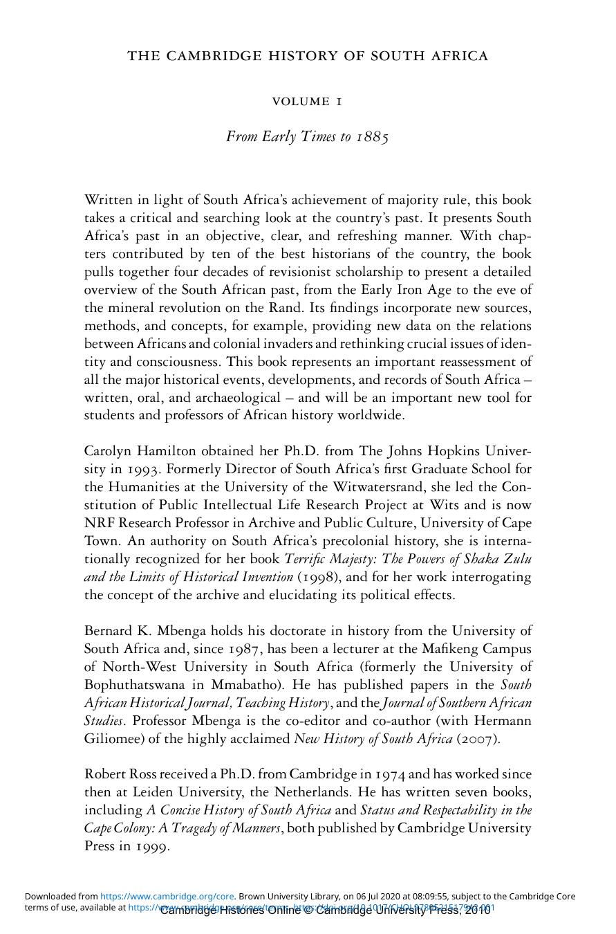 The Cambridge History of South Africa, Volume 1: From Early Times to 1885 by Carolyn Hamilton (editor) Bernard K. Mbenga (editor) Robert Ross (editor)