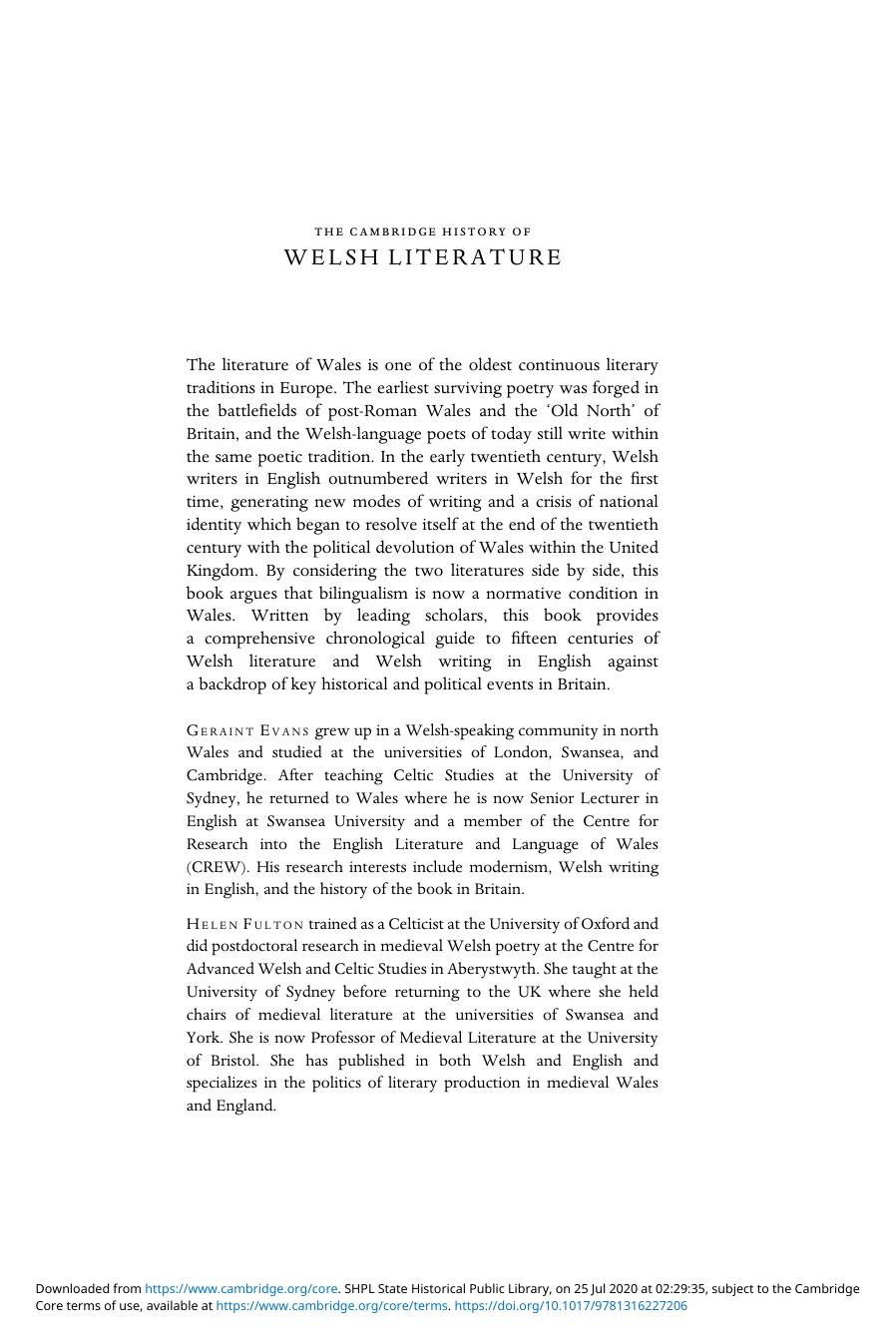 The Cambridge History of Welsh Literature by Unknown