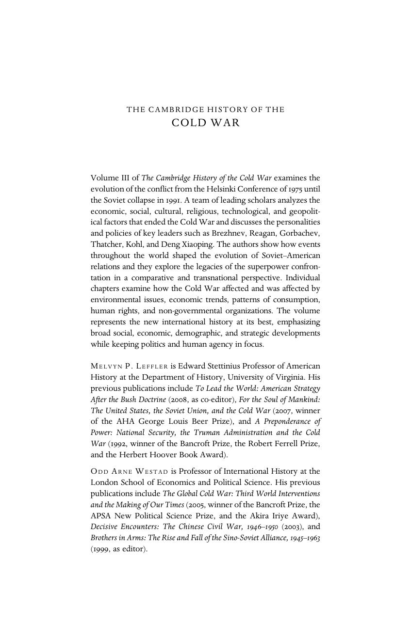 The Cambridge History of the Cold War. by Melvyn P. Leffler and Odd Arne Westad