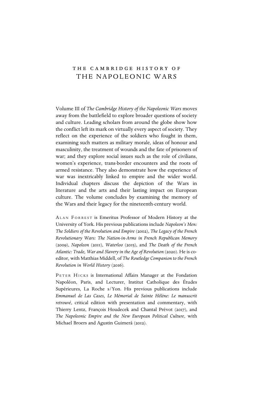 The Cambridge History of the Napoleonic Wars: Volume 3, Experience, Culture and Memory by Alan Forrest (editor) Peter Hicks (editor)