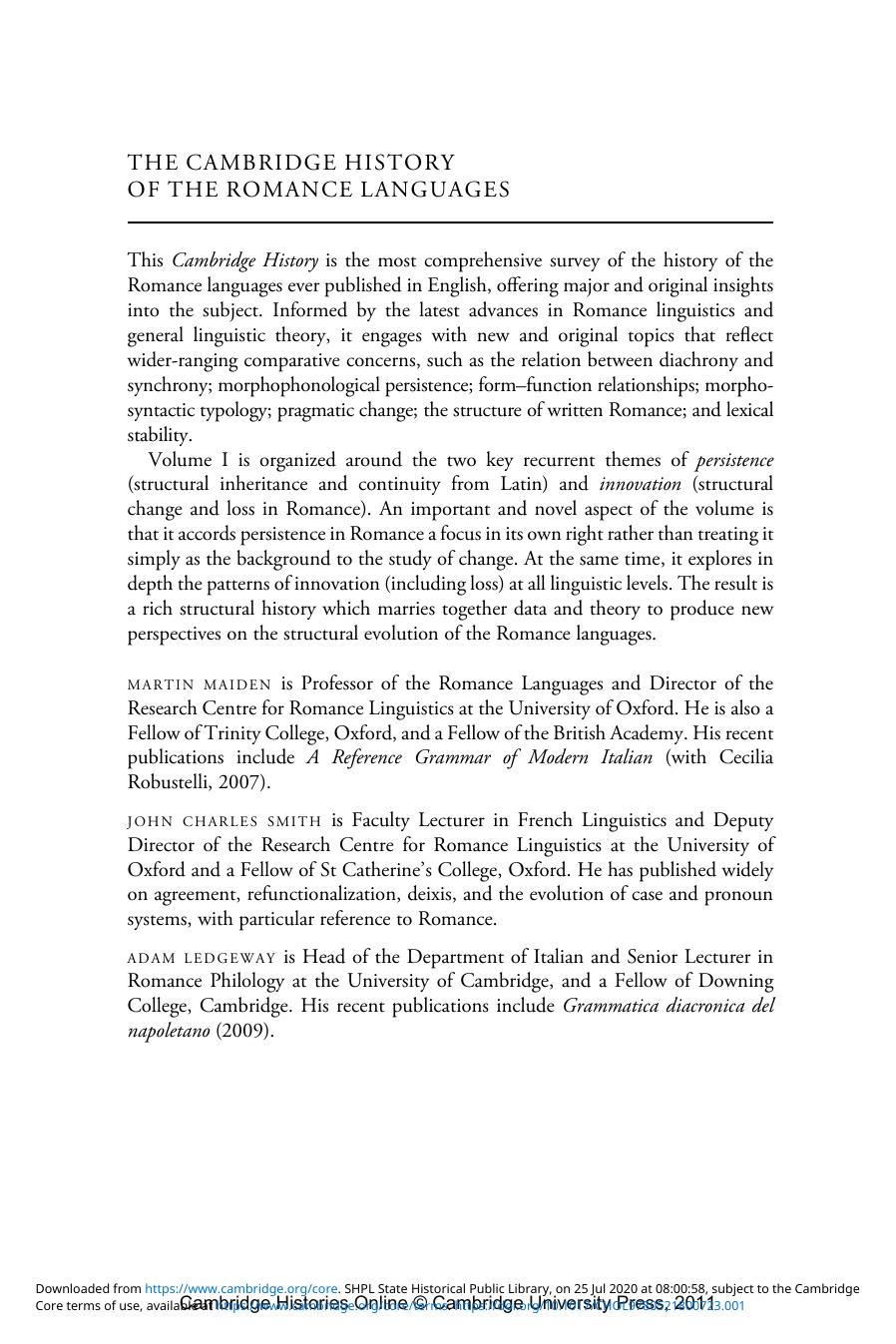 The Cambridge History of the Romance Languages, Volume 1 by Unknown