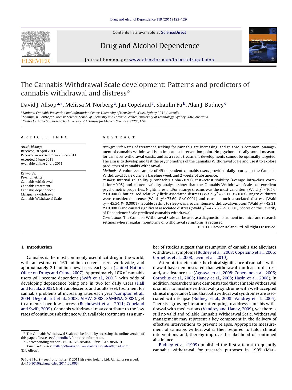 The Cannabis Withdrawal Scale development: Patterns and predictors of cannabis withdrawal and distress by David J. Allsop