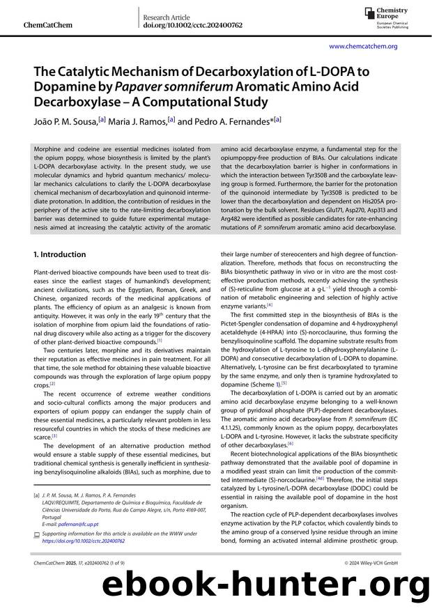 The Catalytic Mechanism of Decarboxylation of L‐DOPA to Dopamine by Papaver somniferum Aromatic Amino Acid Decarboxylase – A Computational Study by Unknown
