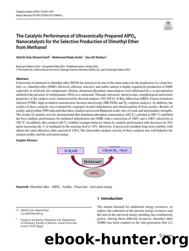The Catalytic Performance of Ultrasonically Prepared AlPO4 Nanocatalysts for the Selective Production of Dimethyl Ether from Methanol by Abd El‐Aziz Ahmed Said & Mohamed Nady Goda & Aya Ali Shaban