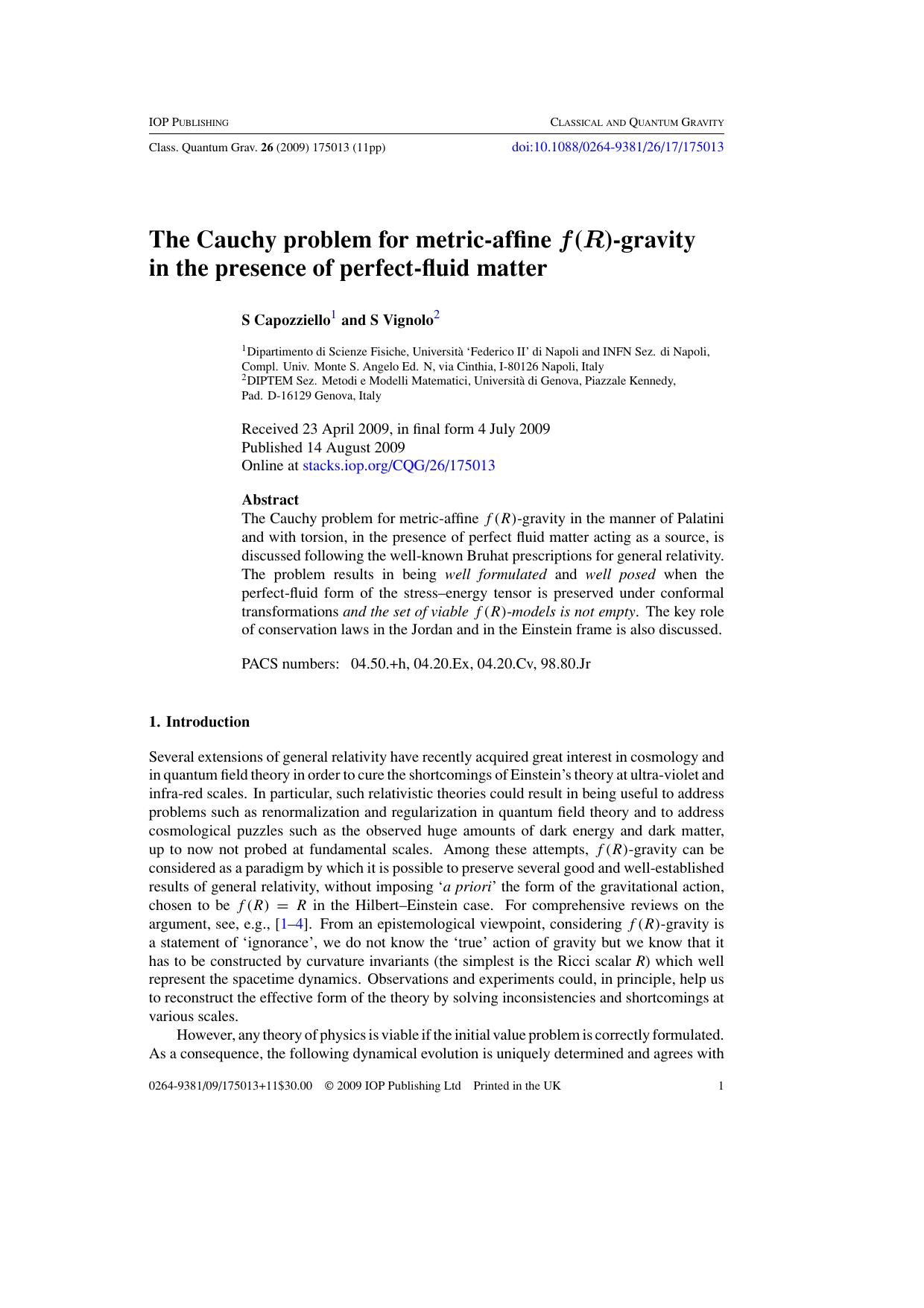 The Cauchy problem for metric-affine f(R)-gravity in the presence of perfect-fluid matter by S Capozziello and S Vignolo