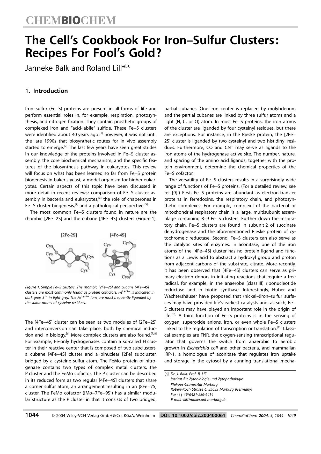 The Cell's Cookbook For Iron-Sulfur Clusters: Recipes For Fool's Gold? by Unknown