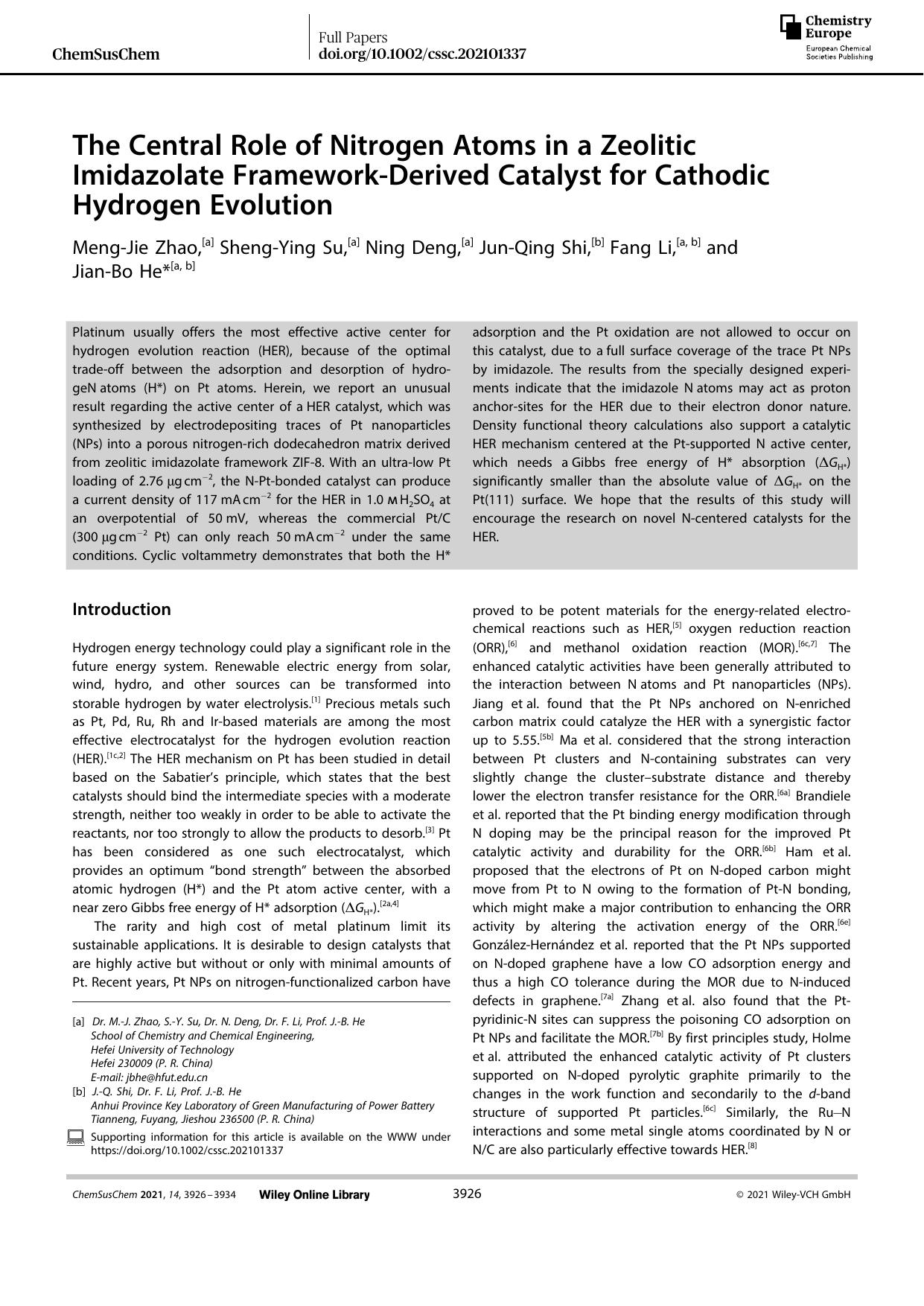 The Central Role of Nitrogen Atoms in a Zeolitic Imidazolate FrameworkâDerived Catalyst for Cathodic Hydrogen Evolution by Unknown