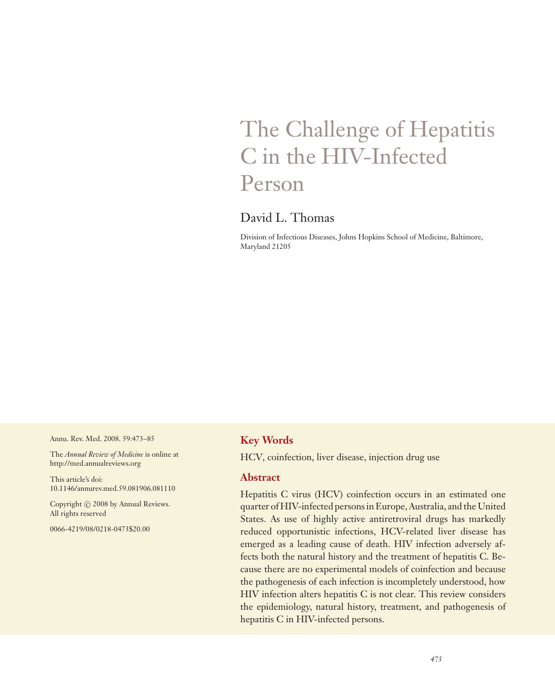 The Challenge of Hepatitis C in the HIV-Infected Person by David L. Thomas