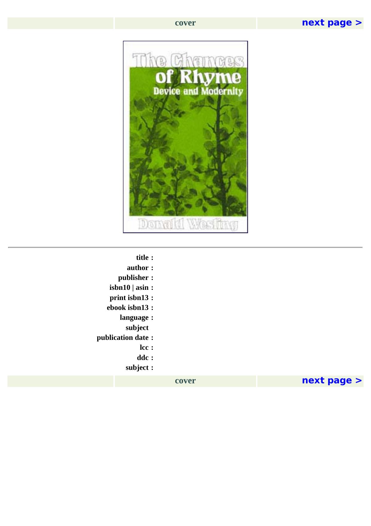 The Chances of Rhyme: Device and Modernity by Donald Wesling