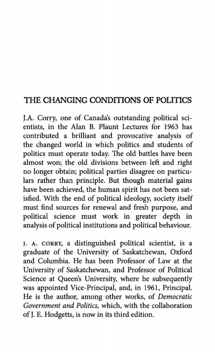 The Changing Conditions of Politics by James Corry