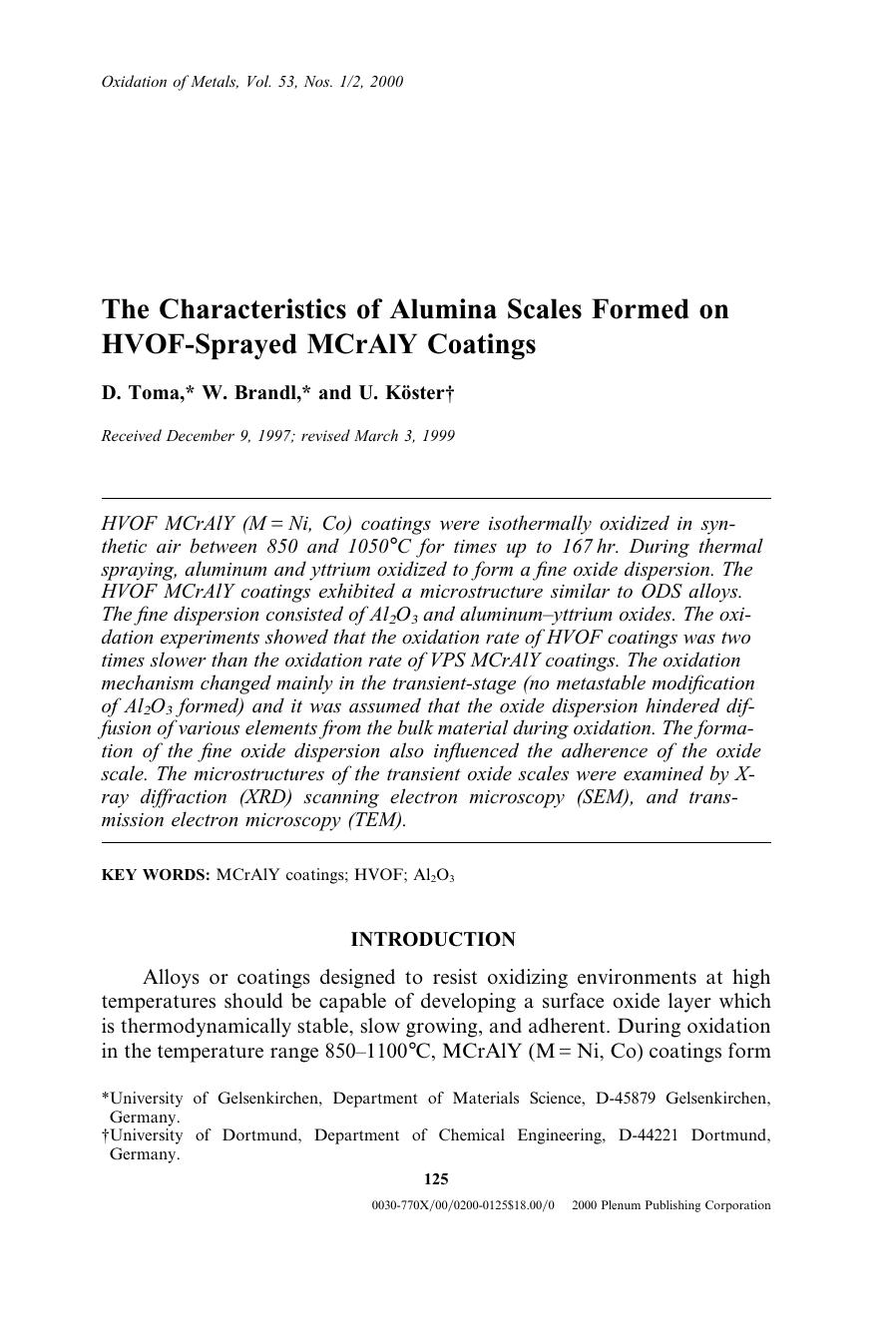 The Characteristics of Alumina Scales Formed on HVOF-Sprayed MCrAlY Coatings by Unknown