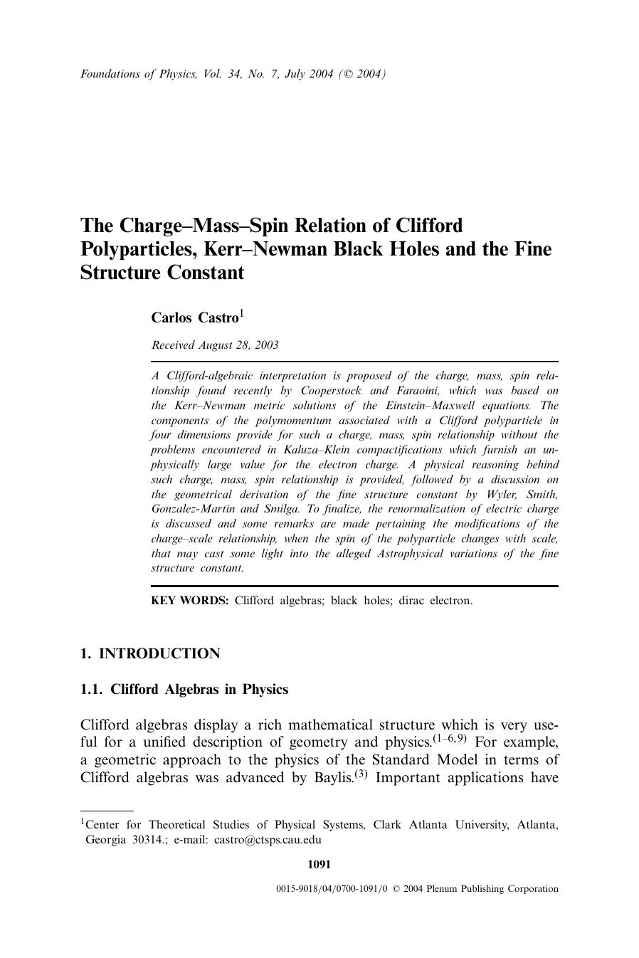 The Charge–Mass–Spin Relation of Clifford Polyparticles, Kerr–Newman Black Holes and the Fine Structure Constant by Unknown