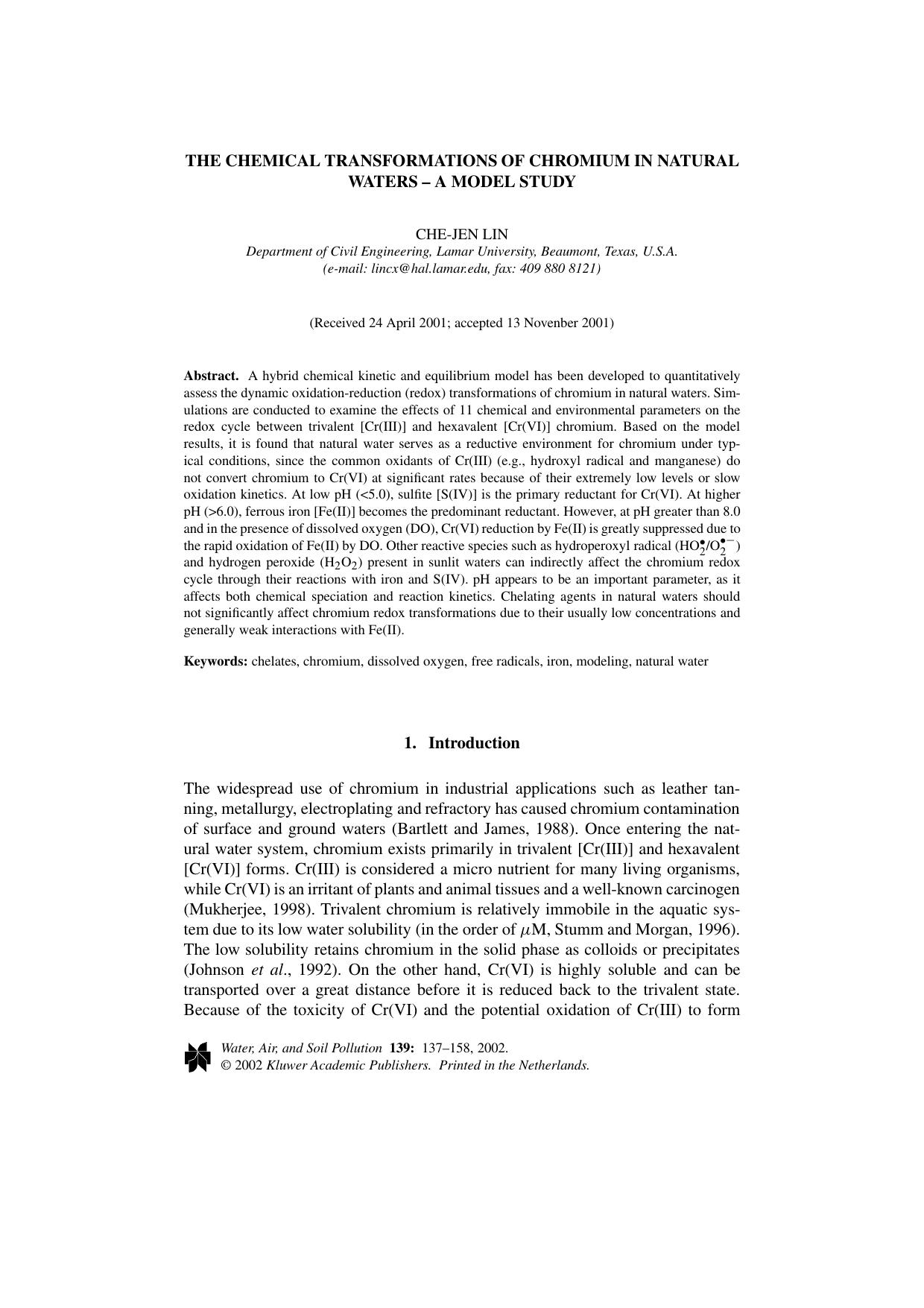 The Chemical Transformations of Chromium in Natural Waters – A Model Study by Unknown