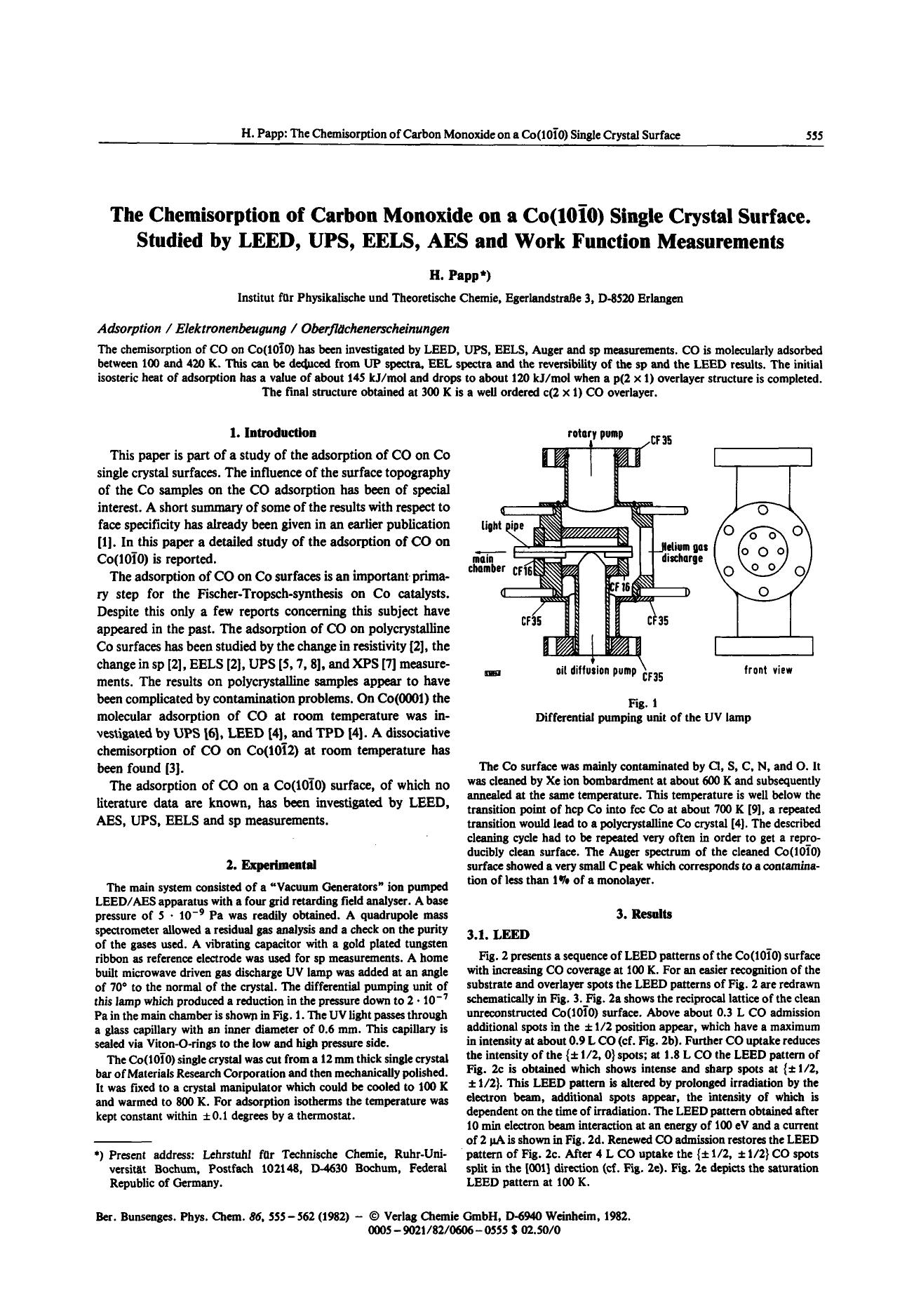 The Chemisorption of Carbon Monoxide on a Co(10[1macr]0) Single Crystal Surface. Studied by LEED, UPS, EELS, AES and Work Function Measurements by Unknown