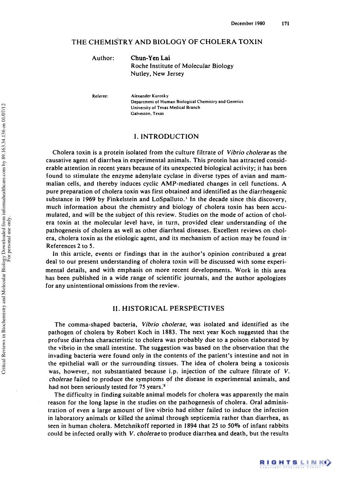 The Chemistry and Biology of Cholera Toxi by Chun-Yen Lai & Alexander Kurosky