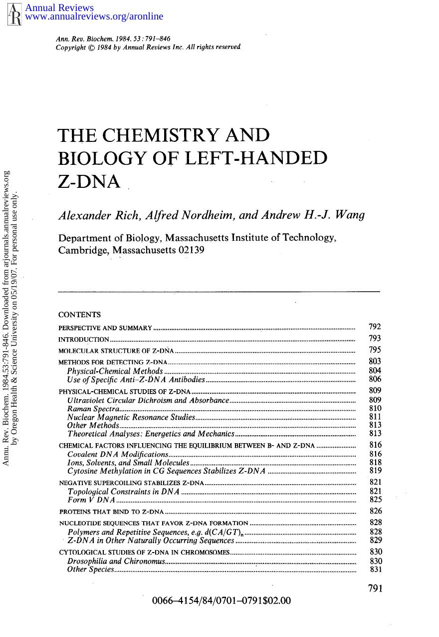 The Chemistry and Biology of Left-Handed Z-DNA by A Rich A Nordheim & A H J Wang