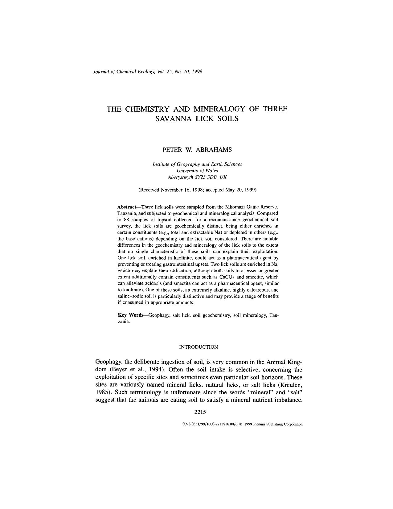 The Chemistry and Mineralogy of Three Savanna Lick Soils by Unknown