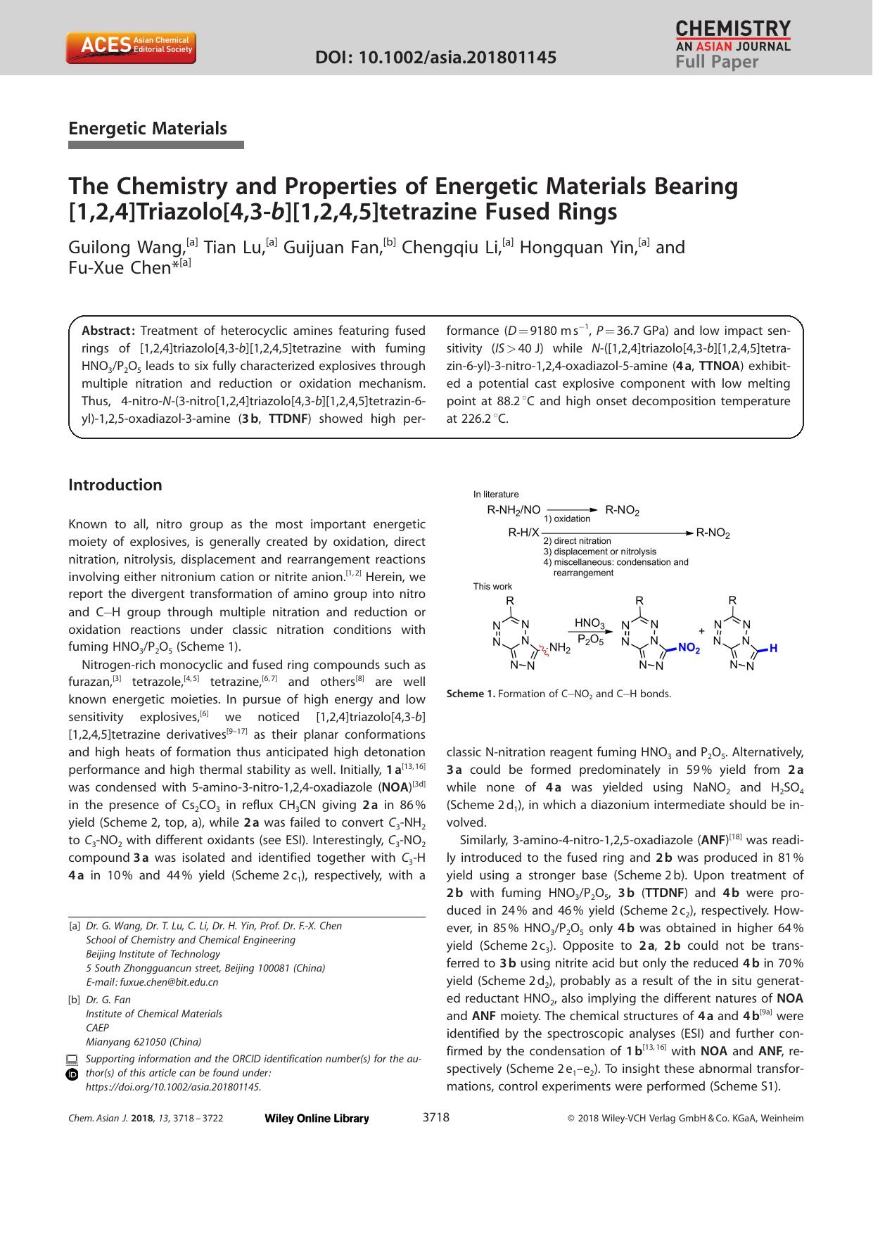 The Chemistry and Properties of Energetic Materials Bearing [1,2,4]Triazolo[4,3âb][1,2,4,5]tetrazine Fused Rings by Unknown