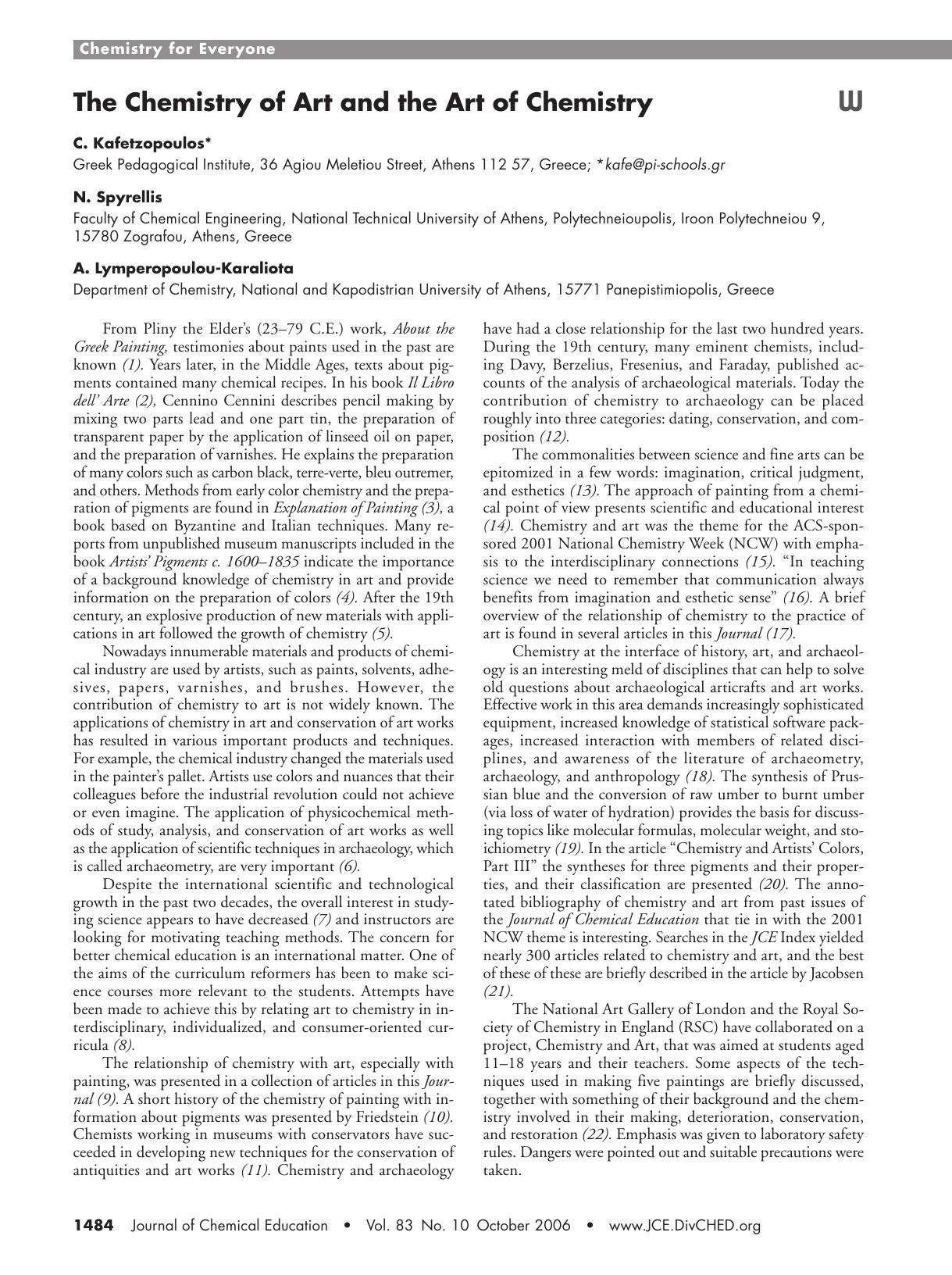 The Chemistry of Art and the Art of Chemistry by C. Kafetzopoulos N. Spyrellis & A. Lymperopoulou-Karaliota