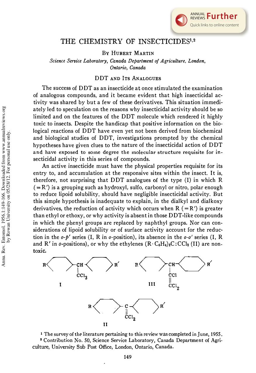 The Chemistry of Insecticides by H Martin