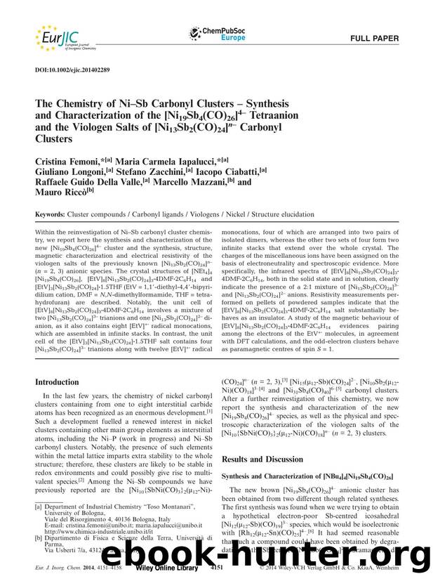 The Chemistry of NiSb Carbonyl Clusters  Synthesis and Characterization of the [Ni19Sb4(CO)26]4 Tetraanion and the Viologen Salts of [Ni13Sb2(CO)24]n Carbonyl Clusters by Unknown