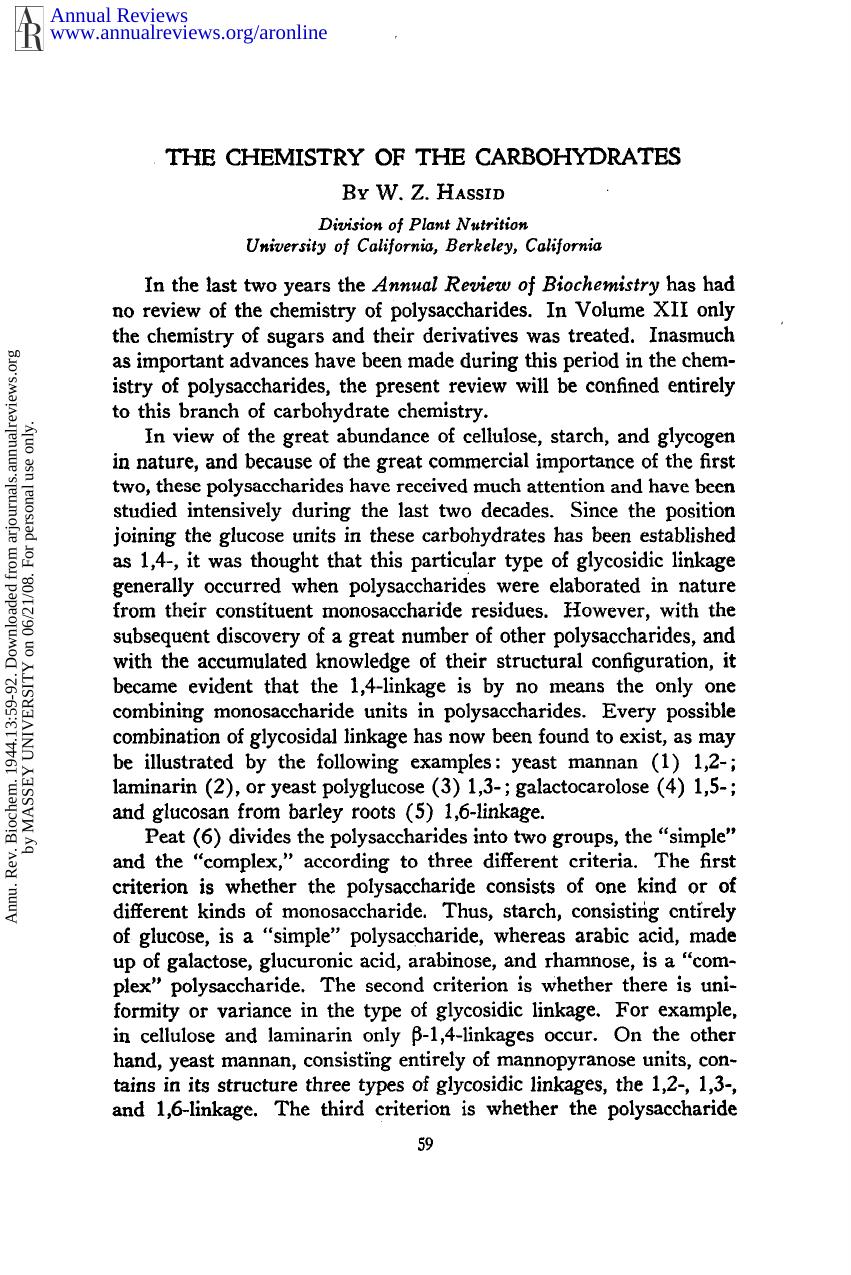 The Chemistry of the Carbohydrates by W Z Hassid